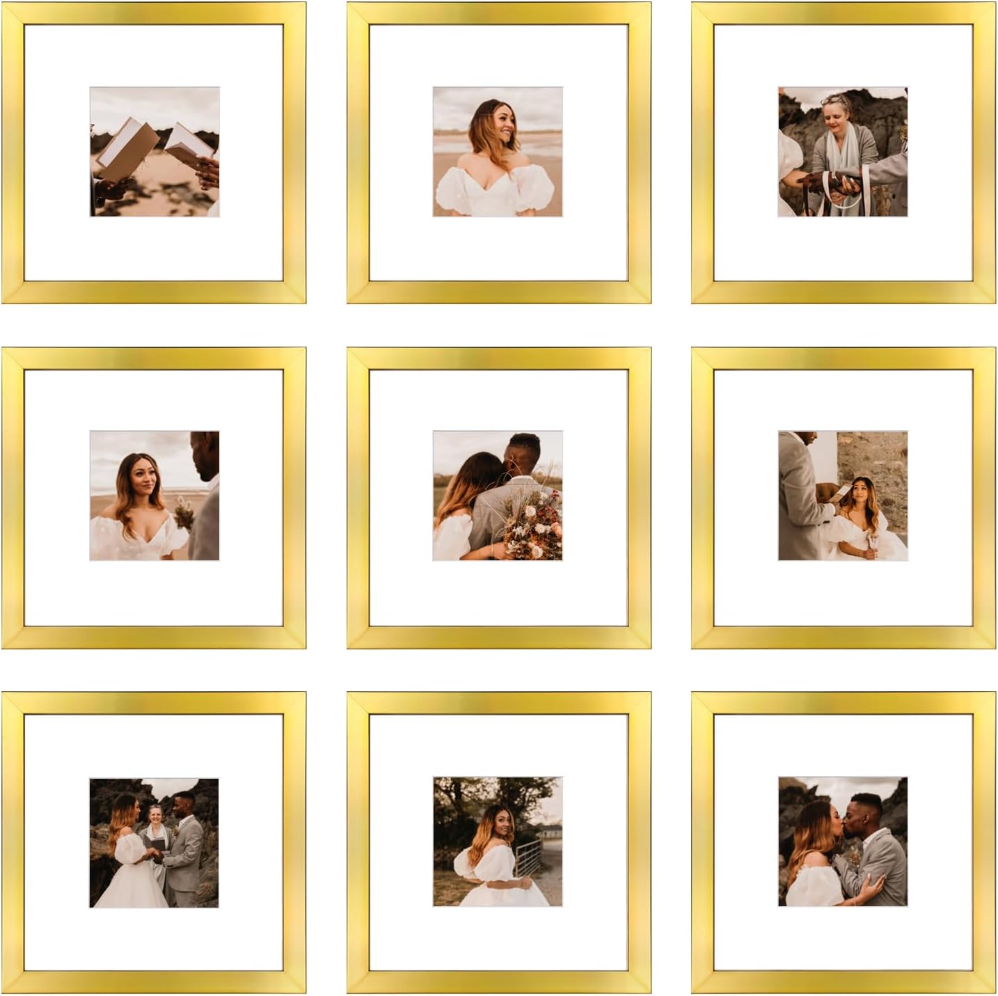 12x12 Picture Frame Set of 9, Display Pictures 8x8 with Mat or 12x12 without Mat, Multi Collage Gallery Square Photo Frames for Wall or Tabletop, Black