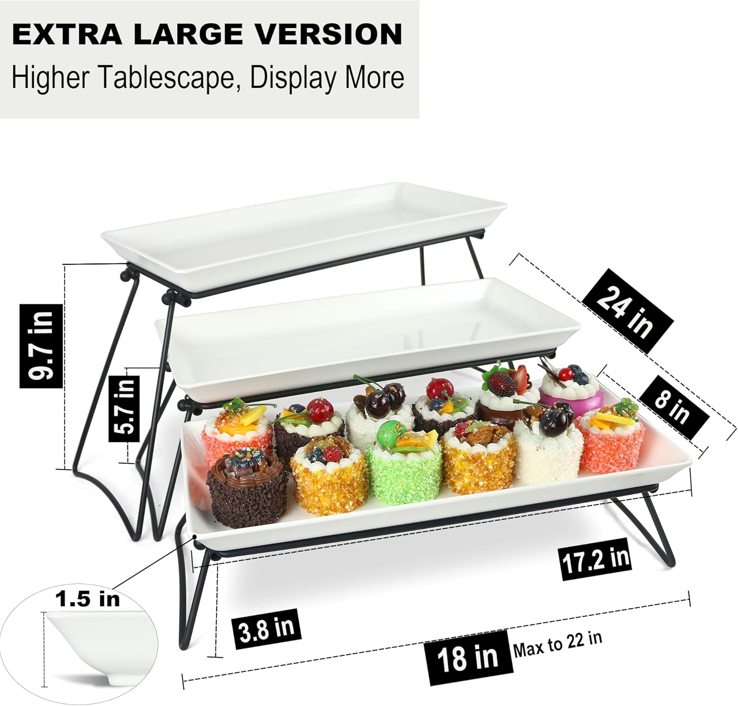 Extra Large 3 Tier Serving Tray Set, 24x22x9.7 inch Cupcake Fruit Cookie Dessert Table Display Stands Melamine Tiered Platters Food Trays for Party Buffet Entertaining, White