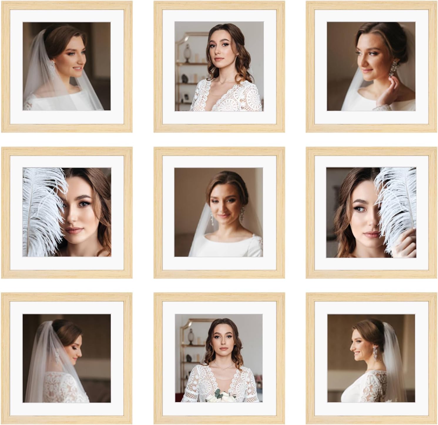 12x12 Picture Frame Set of 9, Display Pictures 8x8 with Mat or 12x12 without Mat, Multi Collage Gallery Square Photo Frames for Wall or Tabletop, Black