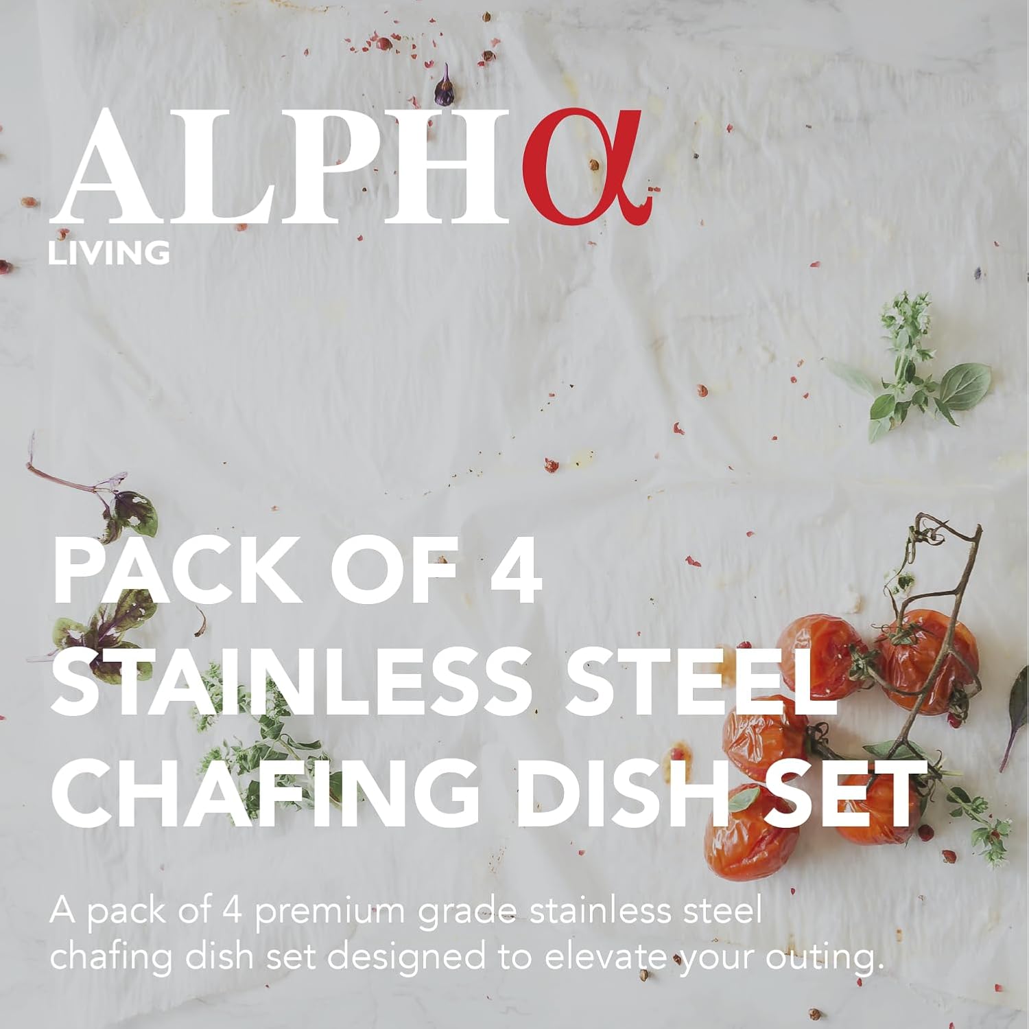 Alpha Living 4 Pack Chafing Dish Full Set – Stainless Steel Catering Chafer with Lids, Pans & Fuel Holders – Buffet Food Warmers for Parties, Events & Weddings – Alpine Gray Handles