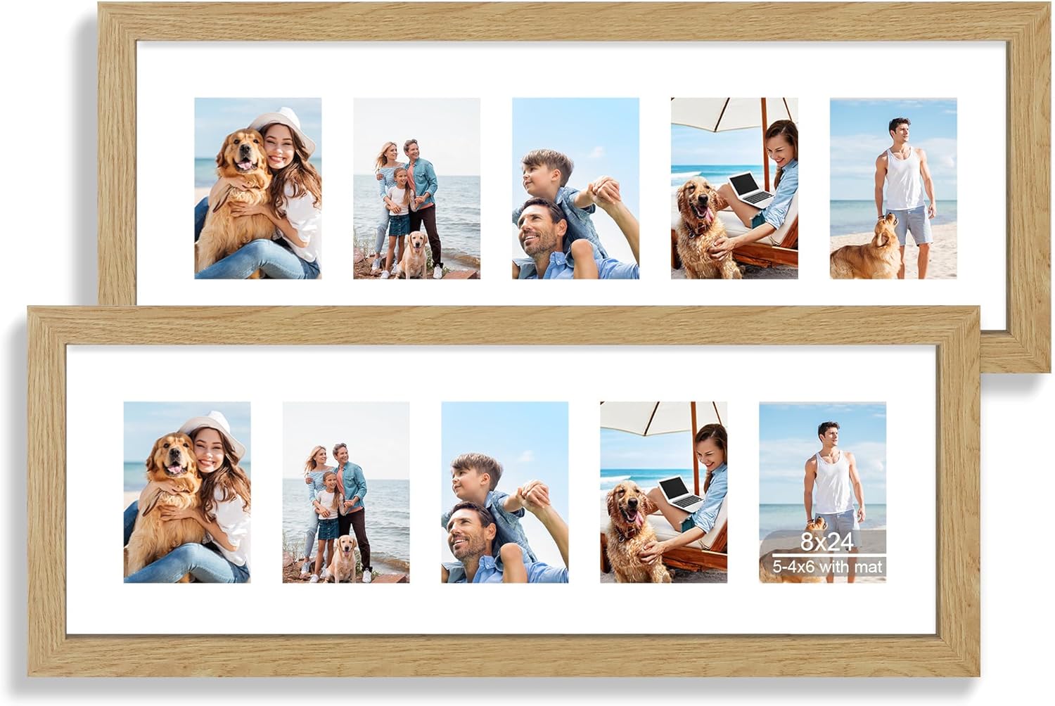 12x22 Picture Frame Set of 2, Rustic Brown with Glass Collage Frame, Display Eight Opening 4x6 Photos With Mat or 12 x 22 Newspaper Without Mat - Horizontal or Vertical Wall Mounting