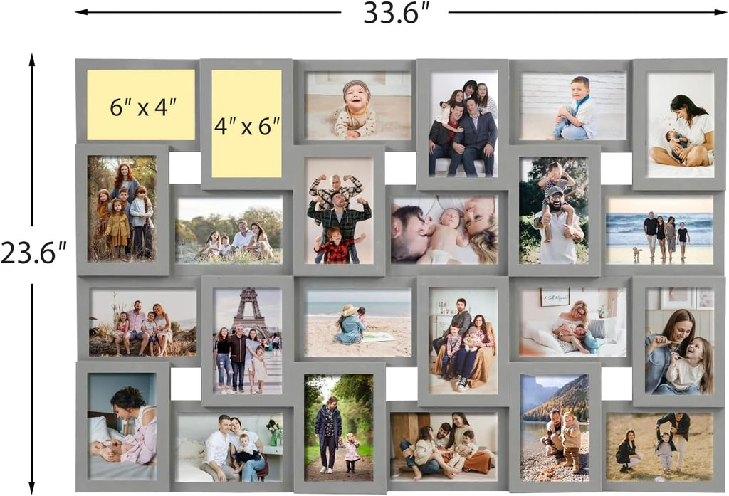 J.M.Deco Collage Picture Frames for Wall 24 Slots, Reunion Friends Family Memory Large Photo Frame Selfie Gallery Puzzle Collage Wall Hanging for 4x6 Photo | Grey