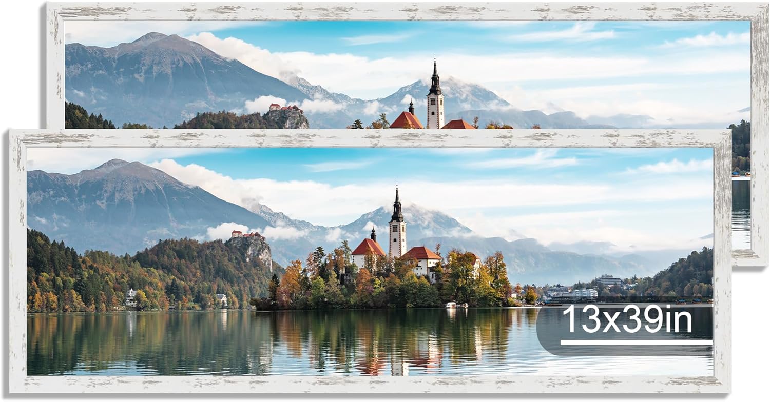 12x22 Picture Frame Set of 2, Rustic Brown with Glass Collage Frame, Display Eight Opening 4x6 Photos With Mat or 12 x 22 Newspaper Without Mat - Horizontal or Vertical Wall Mounting