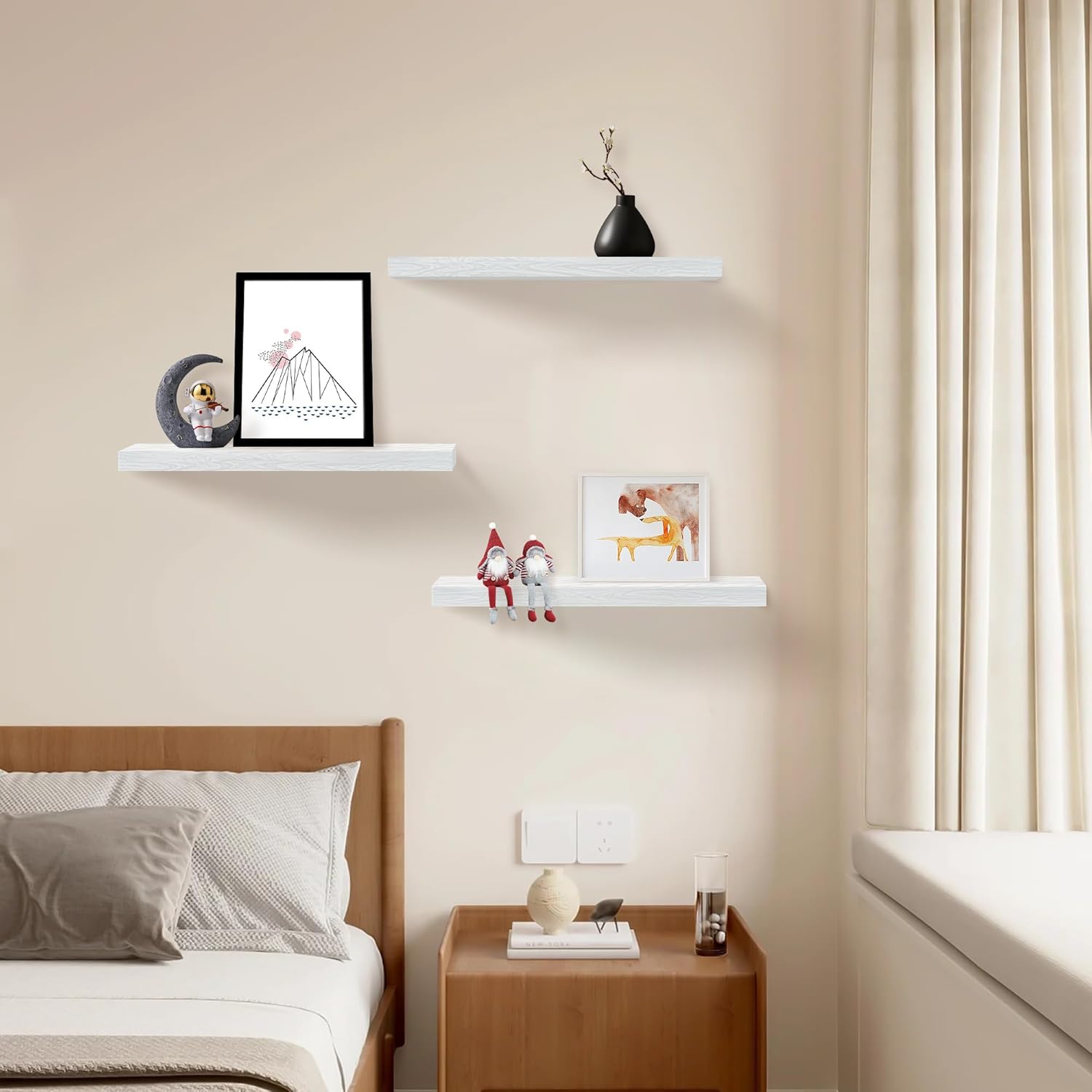 Floating Shelves for Wall Set of 3, 24" White Wall Shelves for Home Decor, Frame Display White Floating Shelf for Living Room, Bedroom, Bathroom, Kitchen
