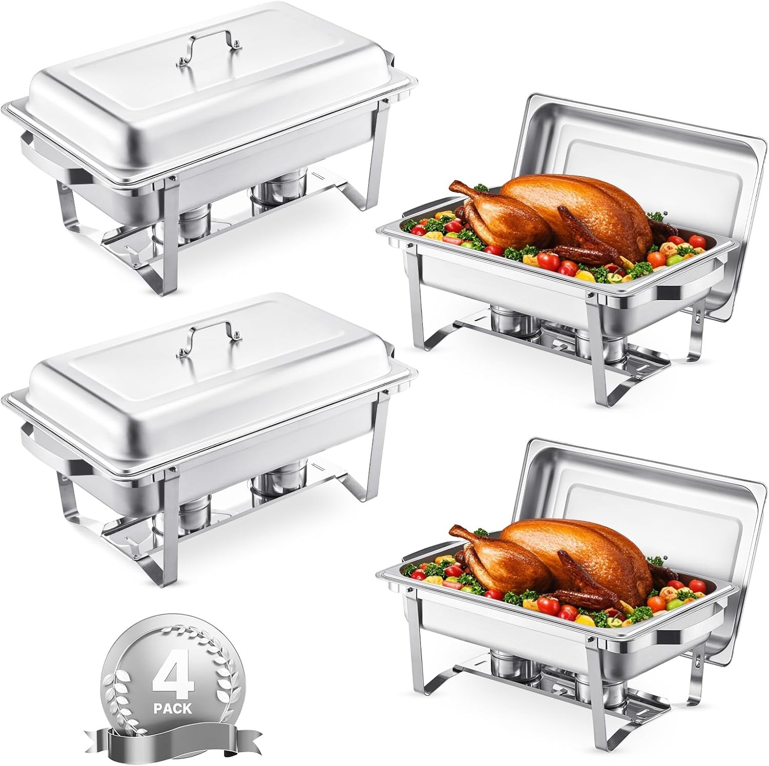 VEVOR Chafing Dish Buffet Set, 8 Qt 2 Pack, Stainless Steel Chafer with 2 Full Size Pans, Rectangle Catering Warmer Server with Glass Lid Water Pan Folding Stand Fuel Holder, for Wedding Party Banquet