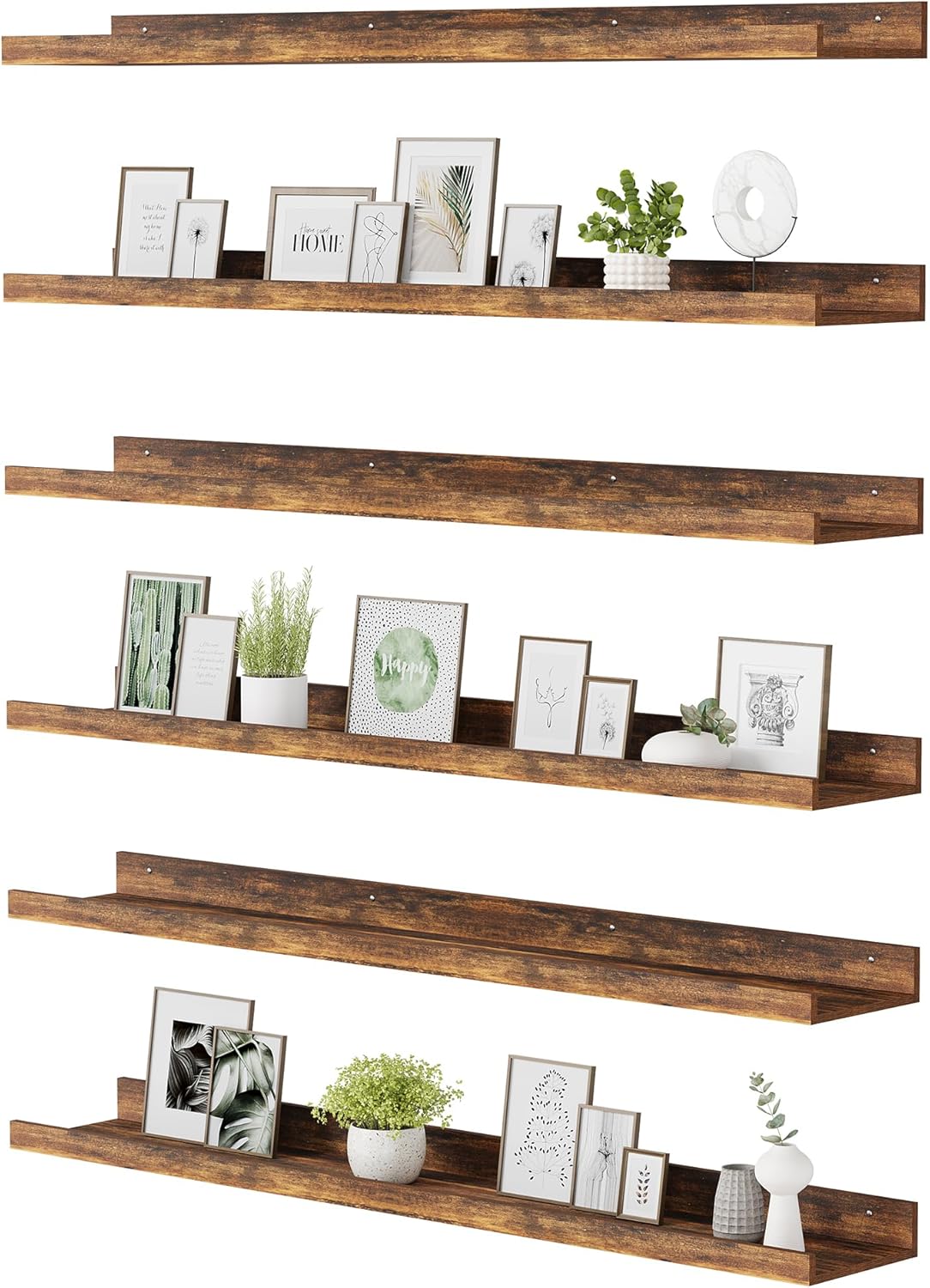 upsimples Floating Shelves for Wall, 35.5 Inch Shelves for Decor Storage Set of 6, Wall Mounted Wood Shelf for Bedroom, Living Room, Bathroom, Kitchen, Long Picture Ledge Shelves, Brown