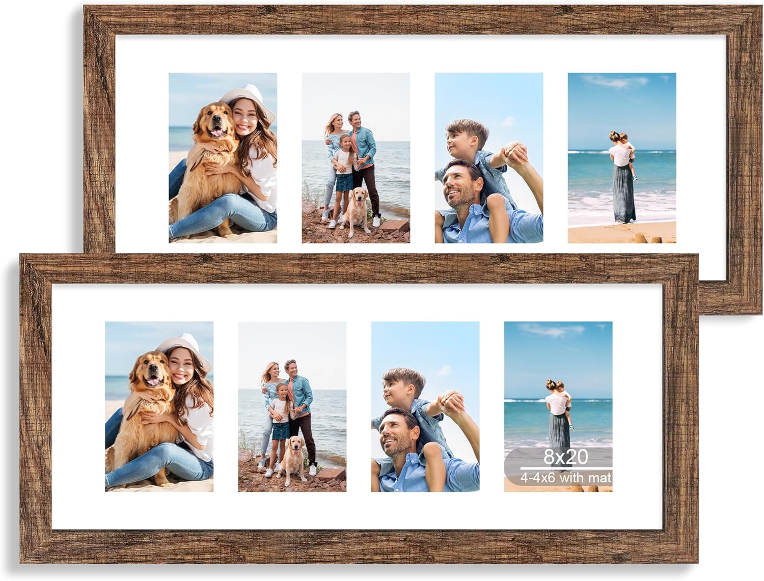 12x22 Picture Frame Set of 2, Rustic Brown with Glass Collage Frame, Display Eight Opening 4x6 Photos With Mat or 12 x 22 Newspaper Without Mat - Horizontal or Vertical Wall Mounting