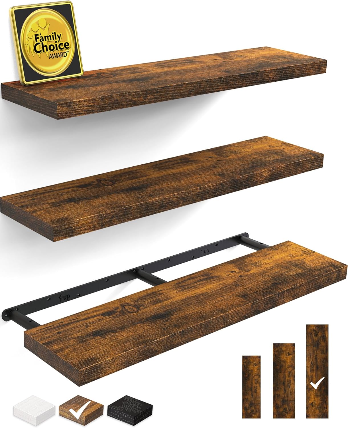 BAYKA Floating Shelves for Wall, 36 inches Long Wall Mounted Rustic Wood Shelves for Bathroom, Bedroom, Living Room, for Book/Storage/Decor with 30lbs Capacity - Black,Set of 3