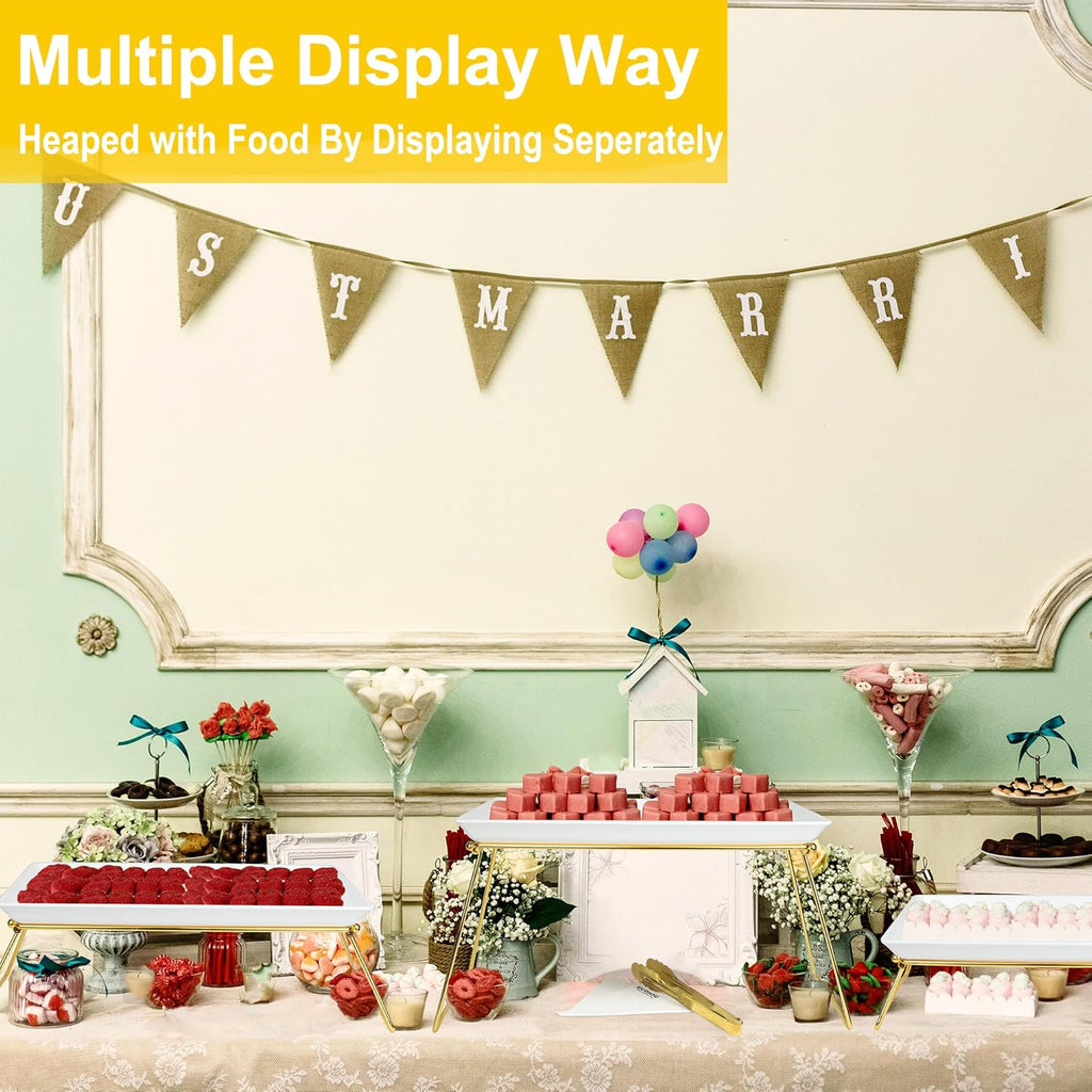 Extra Large 3 Tier Serving Tray, 24 x22 x 9.8 Inch Melamine Tiered Tray Stand and Platters for Party Buffet Entertaining, White and Gold