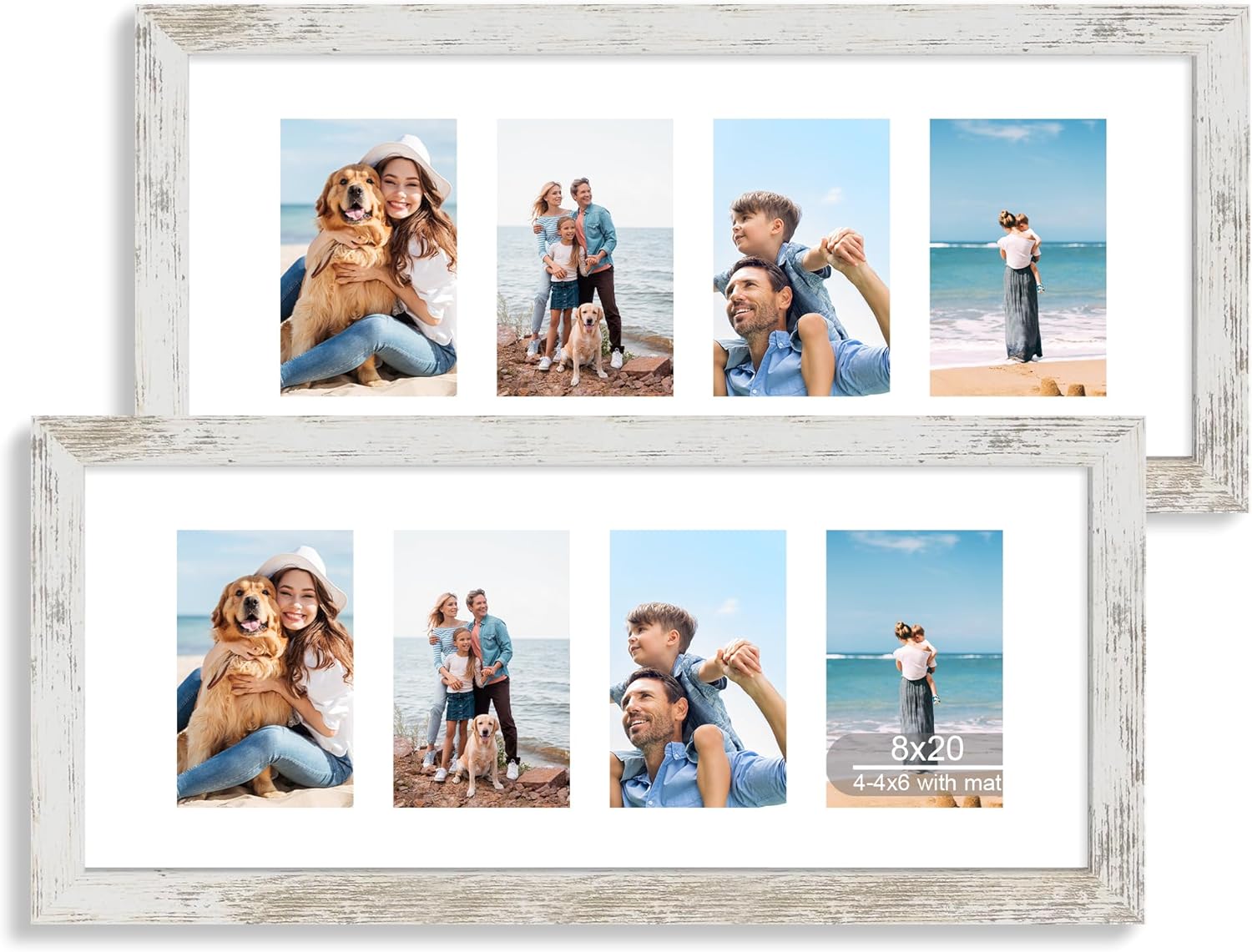 12x22 Picture Frame Set of 2, Rustic Brown with Glass Collage Frame, Display Eight Opening 4x6 Photos With Mat or 12 x 22 Newspaper Without Mat - Horizontal or Vertical Wall Mounting