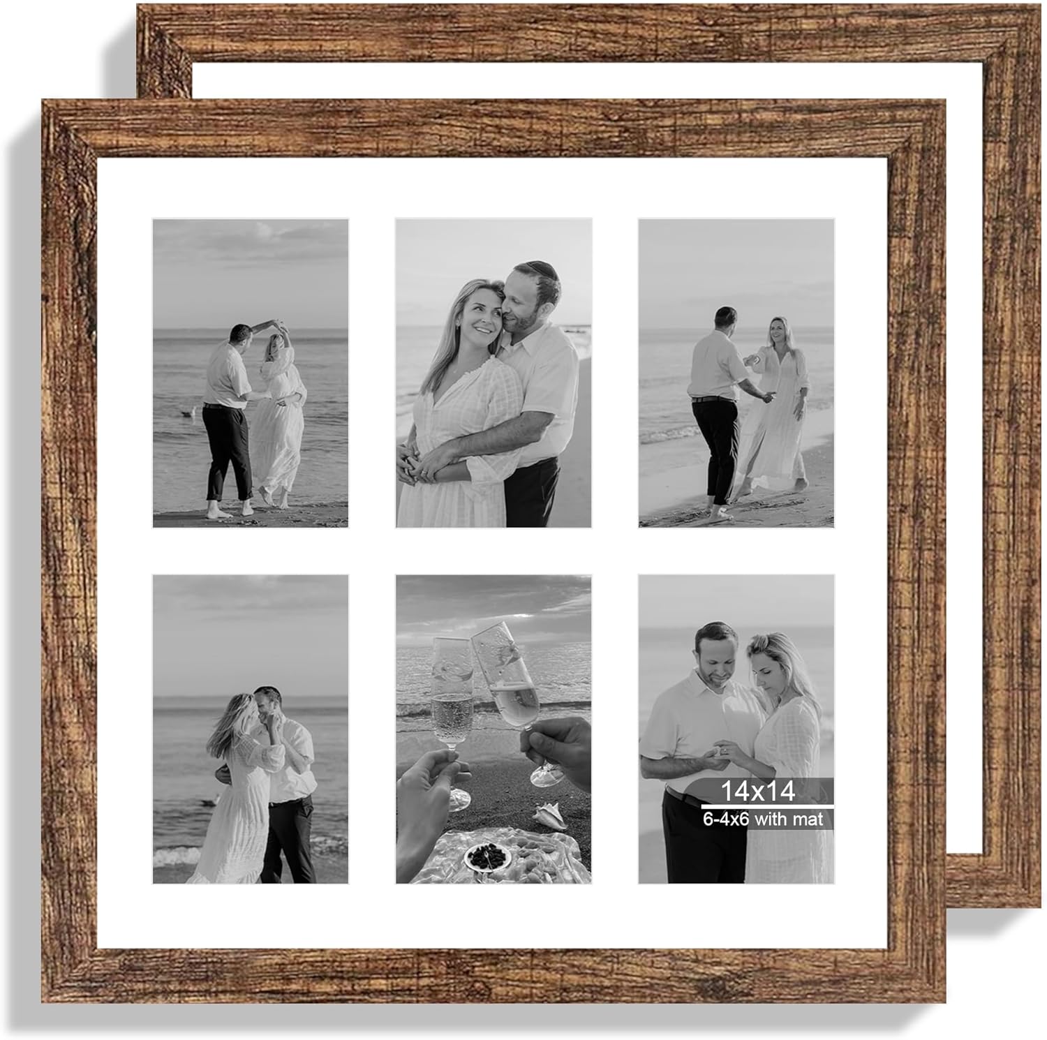 12x22 Picture Frame Set of 2, Rustic Brown with Glass Collage Frame, Display Eight Opening 4x6 Photos With Mat or 12 x 22 Newspaper Without Mat - Horizontal or Vertical Wall Mounting