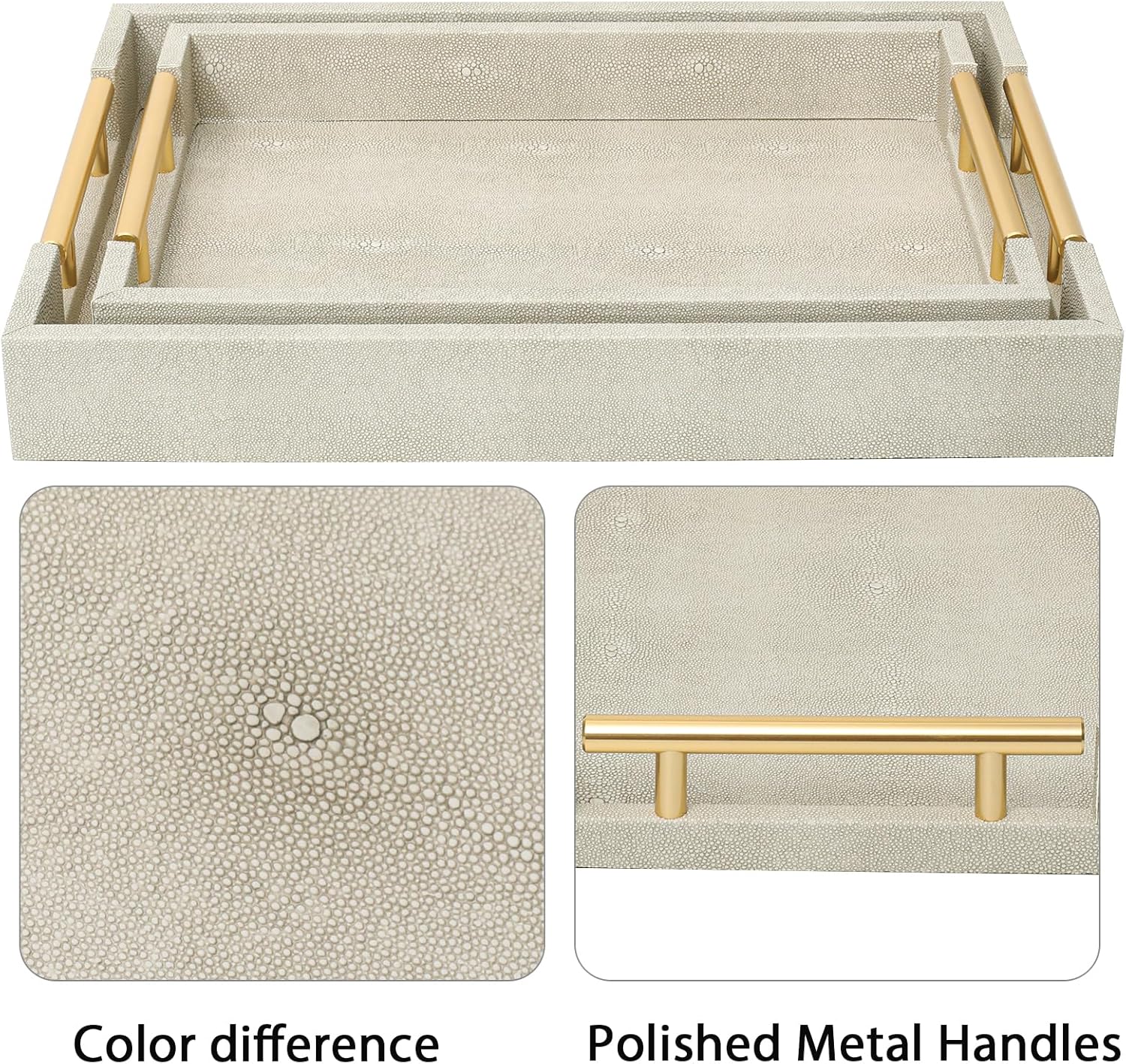 SwallowLiving Set of 2 Shagreen Serving Tray with Gold Polished Metal Handles Ivory Wood Decorative Tray PU Leather with Brushed Gold for Coffee Table Ottoman Console Table