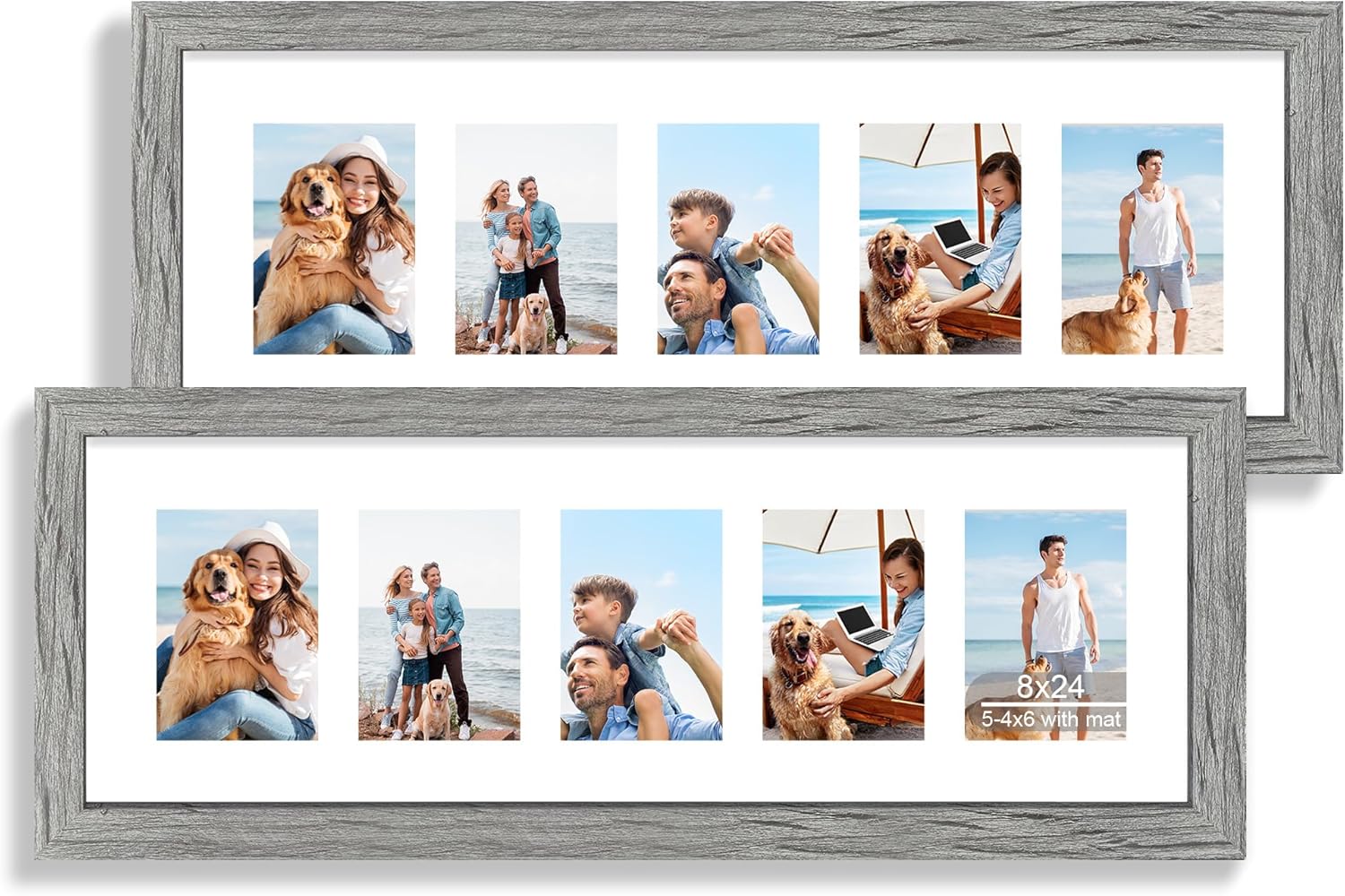 12x22 Picture Frame Set of 2, Rustic Brown with Glass Collage Frame, Display Eight Opening 4x6 Photos With Mat or 12 x 22 Newspaper Without Mat - Horizontal or Vertical Wall Mounting