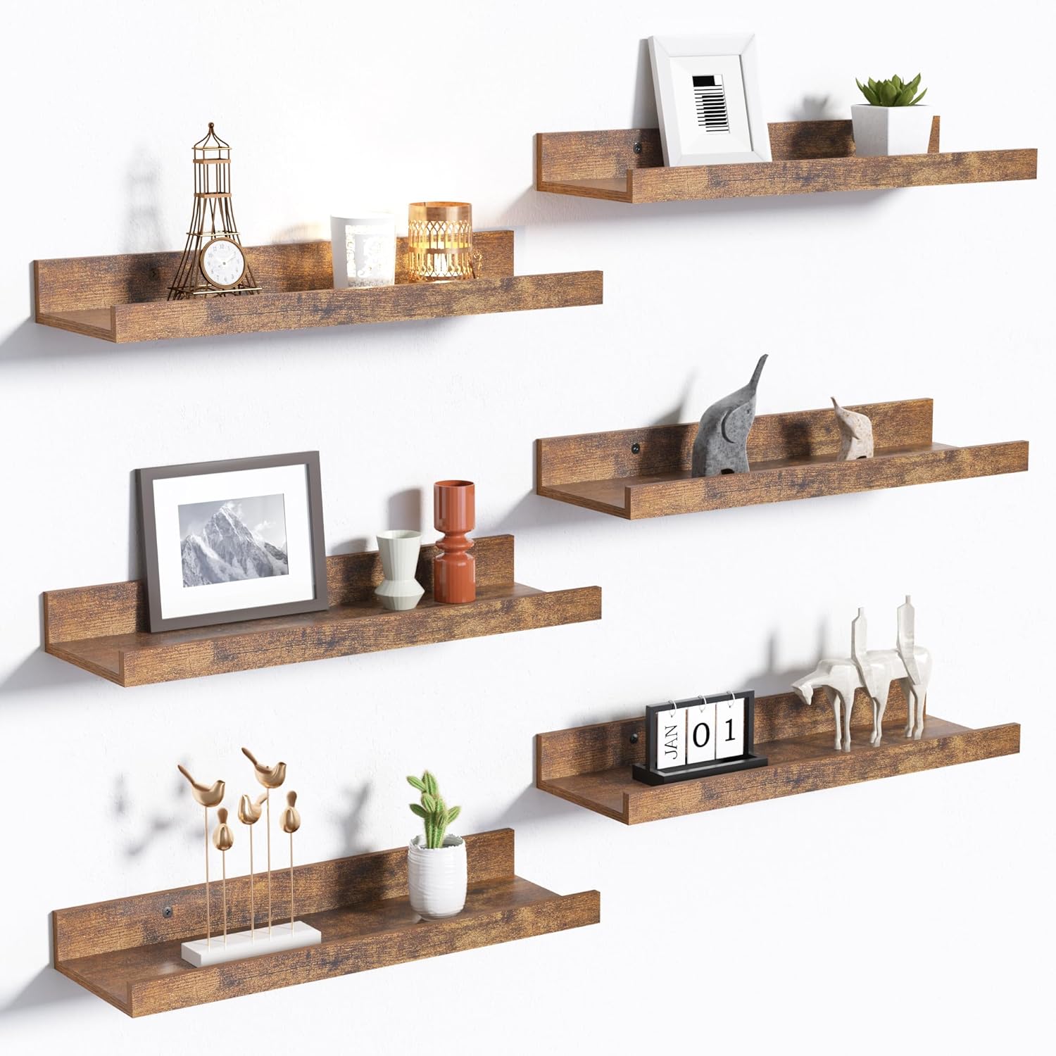 upsimples Floating Shelves for Wall, 35.5 Inch Shelves for Decor Storage Set of 6, Wall Mounted Wood Shelf for Bedroom, Living Room, Bathroom, Kitchen, Long Picture Ledge Shelves, Brown