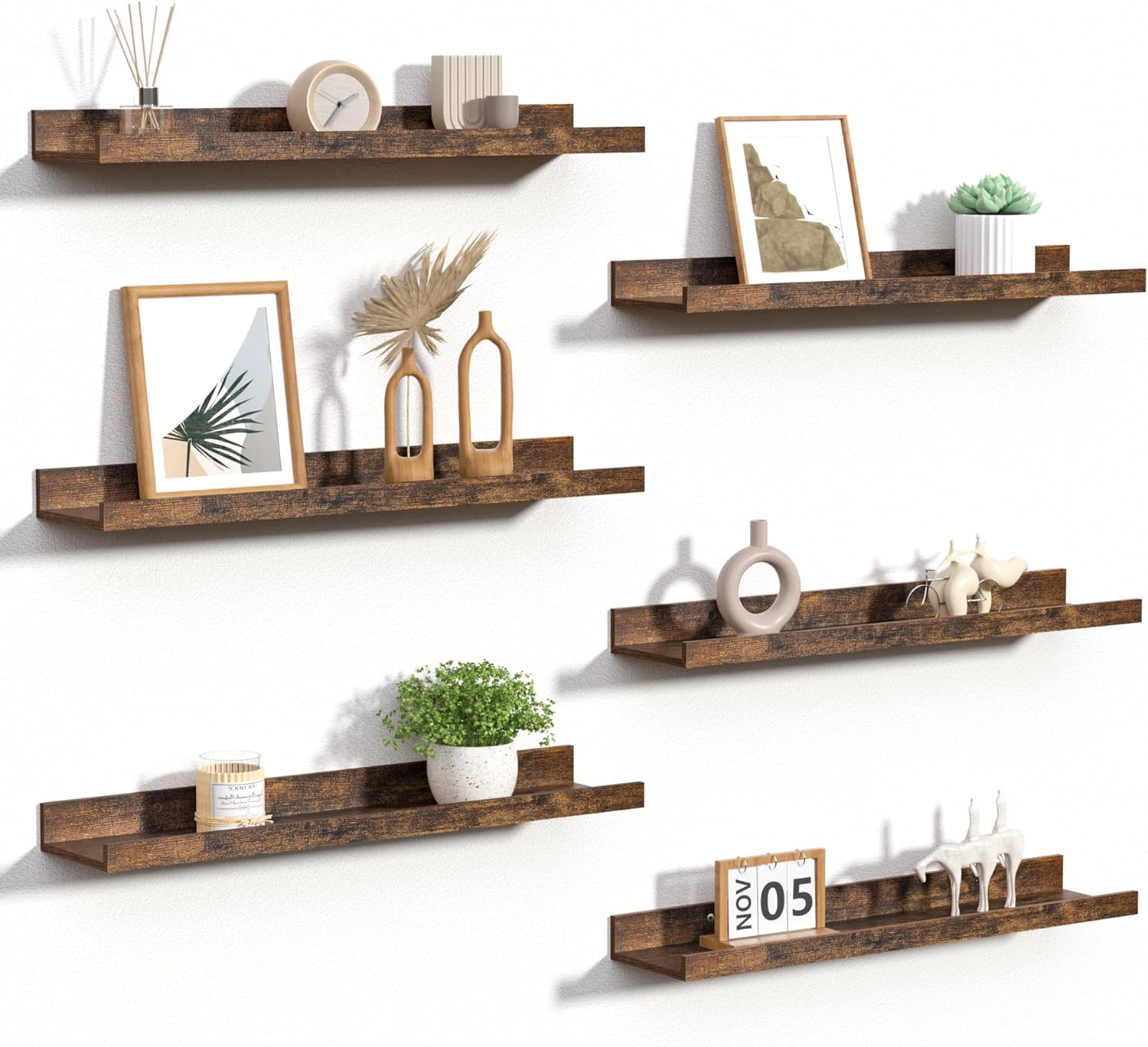 upsimples Floating Shelves for Wall, 35.5 Inch Shelves for Decor Storage Set of 6, Wall Mounted Wood Shelf for Bedroom, Living Room, Bathroom, Kitchen, Long Picture Ledge Shelves, Brown