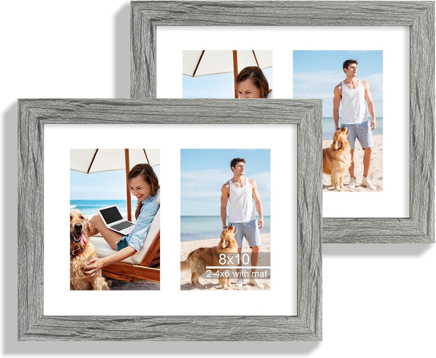 12x22 Picture Frame Set of 2, Rustic Brown with Glass Collage Frame, Display Eight Opening 4x6 Photos With Mat or 12 x 22 Newspaper Without Mat - Horizontal or Vertical Wall Mounting