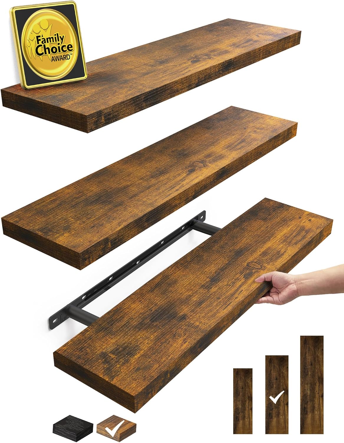 BAYKA Floating Shelves for Wall, 36 inches Long Wall Mounted Rustic Wood Shelves for Bathroom, Bedroom, Living Room, for Book/Storage/Decor with 30lbs Capacity - Black,Set of 3