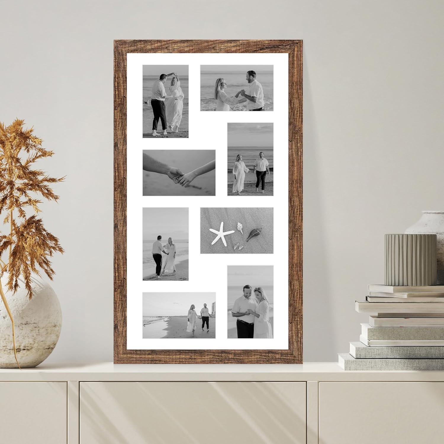 12x22 Picture Frame Set of 2, Rustic Brown with Glass Collage Frame, Display Eight Opening 4x6 Photos With Mat or 12 x 22 Newspaper Without Mat - Horizontal or Vertical Wall Mounting