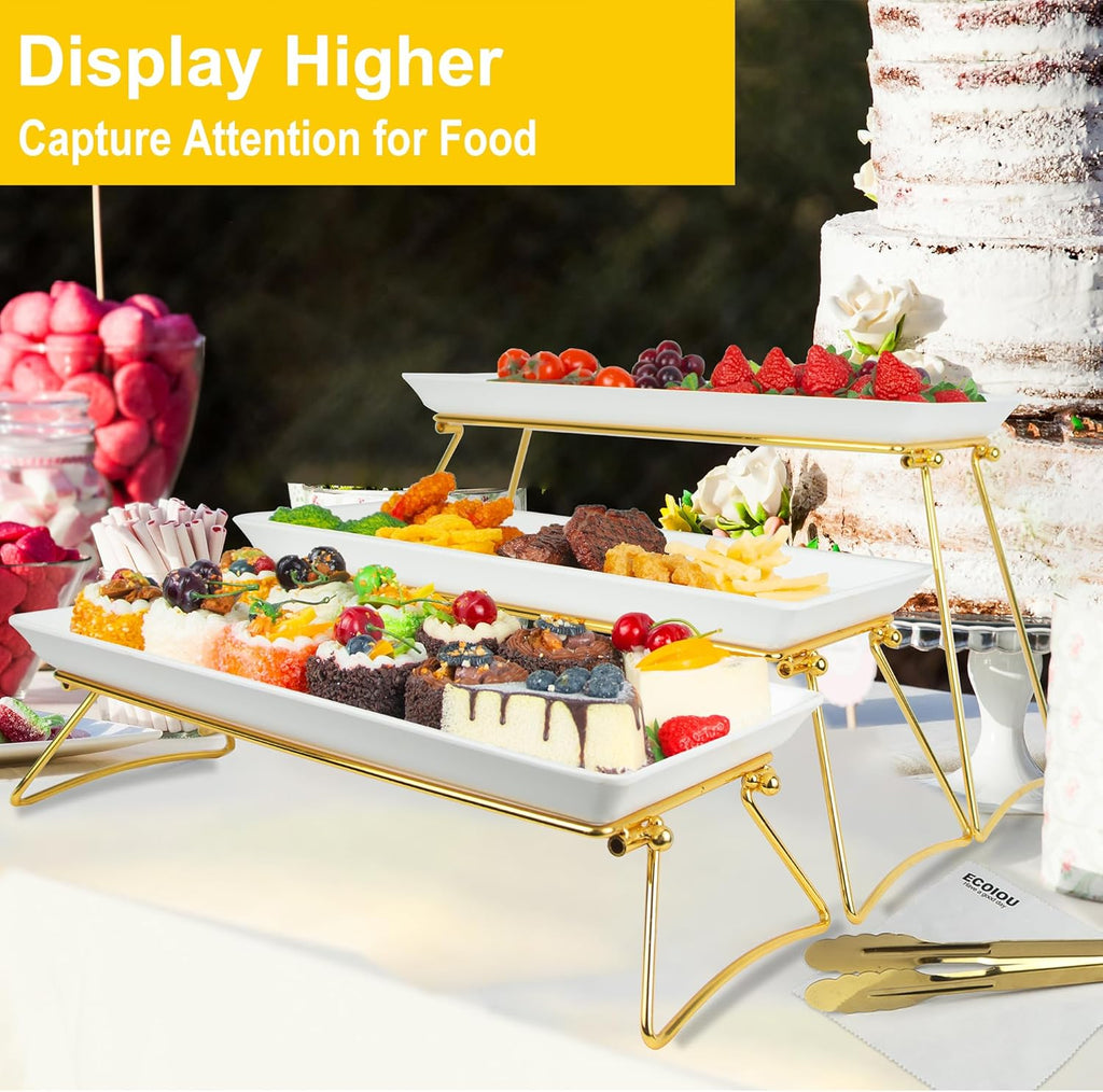 Extra Large 3 Tier Serving Tray, 24 x22 x 9.8 Inch Melamine Tiered Tray Stand and Platters for Party Buffet Entertaining, White and Gold