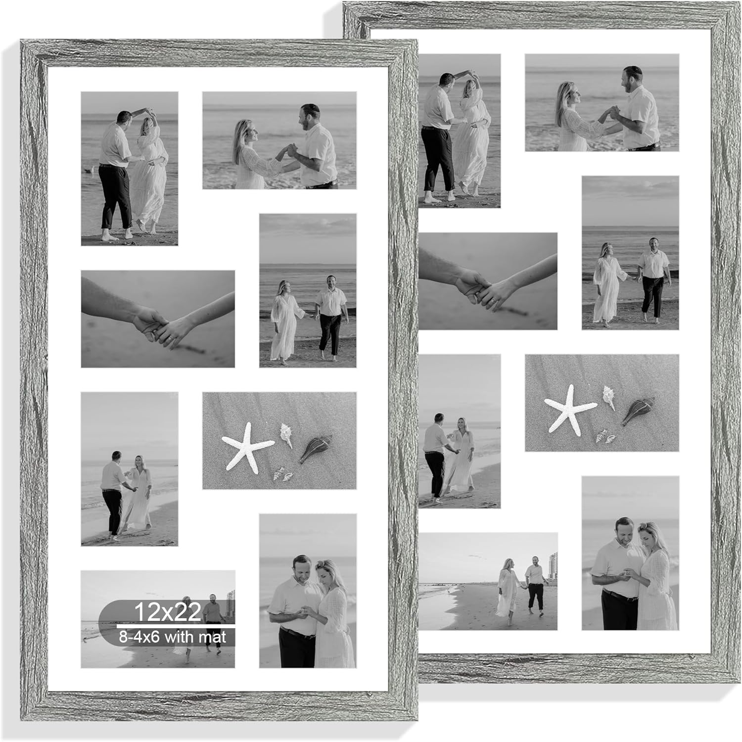 12x22 Picture Frame Set of 2, Rustic Brown with Glass Collage Frame, Display Eight Opening 4x6 Photos With Mat or 12 x 22 Newspaper Without Mat - Horizontal or Vertical Wall Mounting