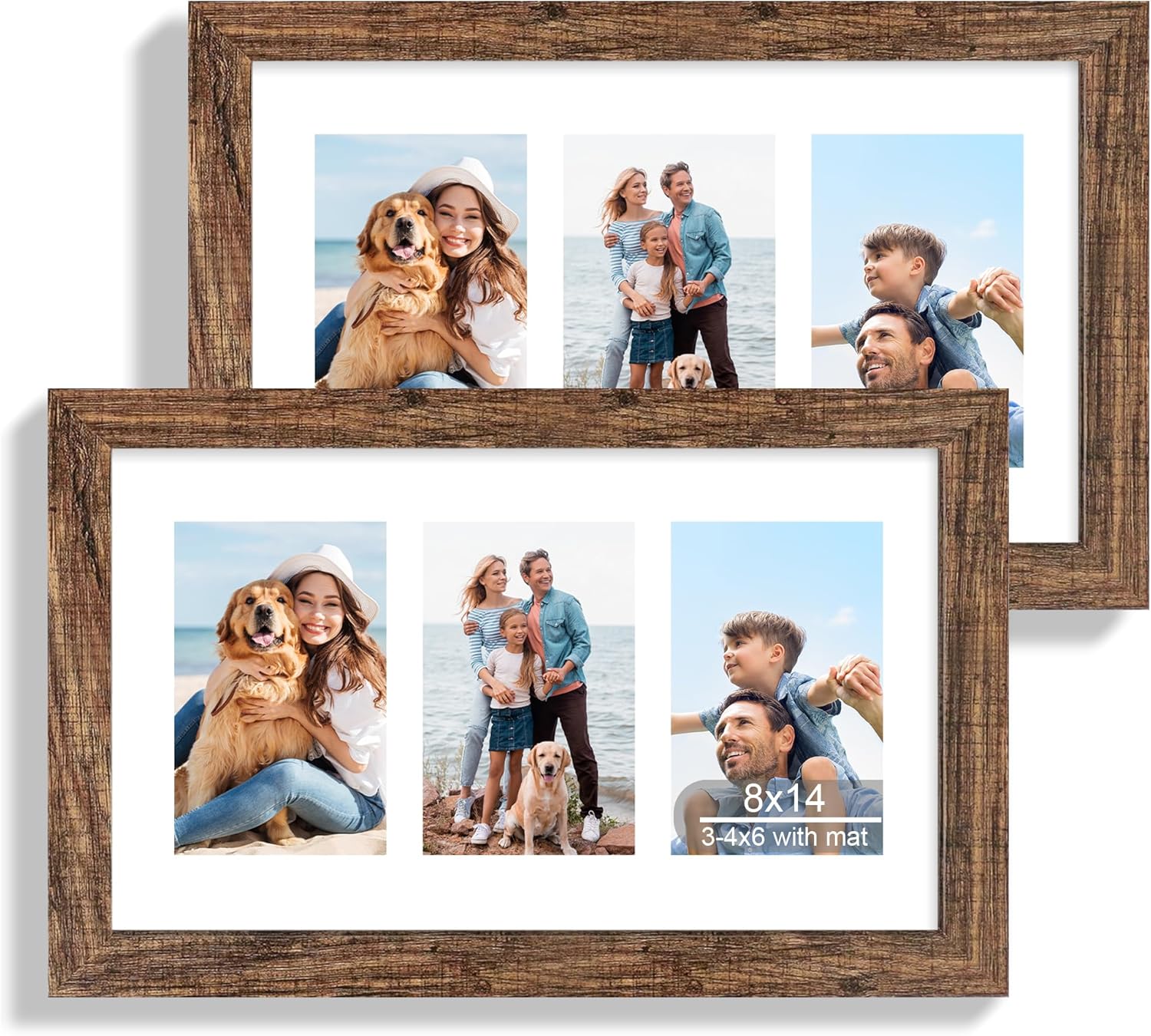 12x22 Picture Frame Set of 2, Rustic Brown with Glass Collage Frame, Display Eight Opening 4x6 Photos With Mat or 12 x 22 Newspaper Without Mat - Horizontal or Vertical Wall Mounting