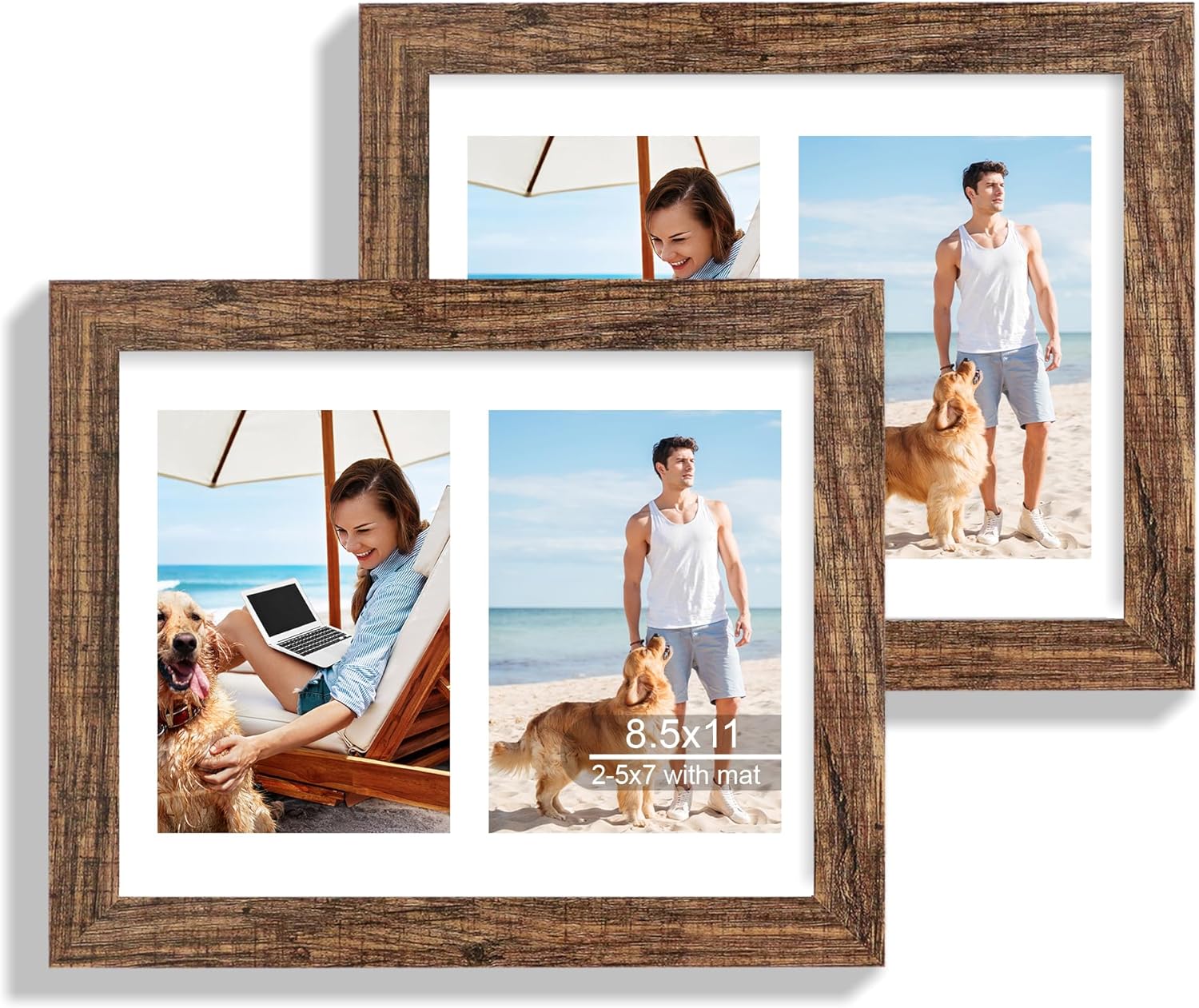 12x22 Picture Frame Set of 2, Rustic Brown with Glass Collage Frame, Display Eight Opening 4x6 Photos With Mat or 12 x 22 Newspaper Without Mat - Horizontal or Vertical Wall Mounting