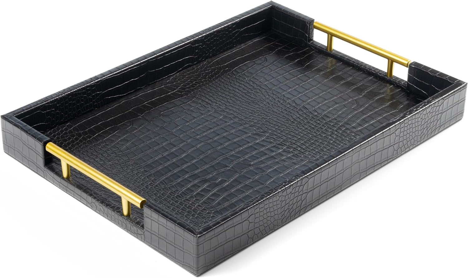 17" x 12" Wood Serving Tray with Gold Polished Metal Handles, Home Decorative Wooden Rectangle Ottoman Leather Decor Platter Bathroom Vanity Tray for All Occasions White