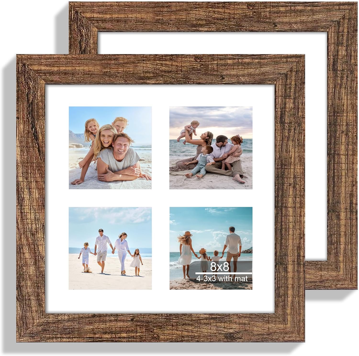 12x22 Picture Frame Set of 2, Rustic Brown with Glass Collage Frame, Display Eight Opening 4x6 Photos With Mat or 12 x 22 Newspaper Without Mat - Horizontal or Vertical Wall Mounting