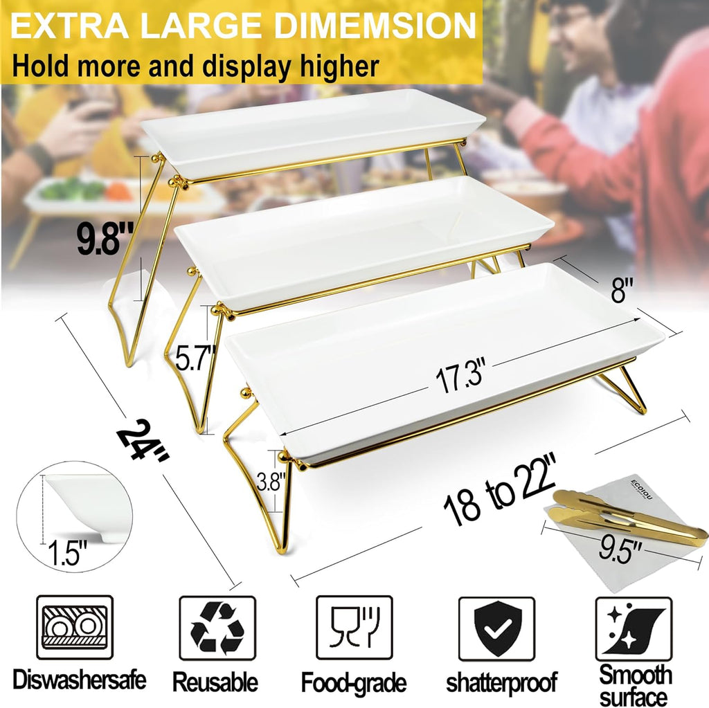 Extra Large 3 Tier Serving Tray, 24 x22 x 9.8 Inch Melamine Tiered Tray Stand and Platters for Party Buffet Entertaining, White and Gold