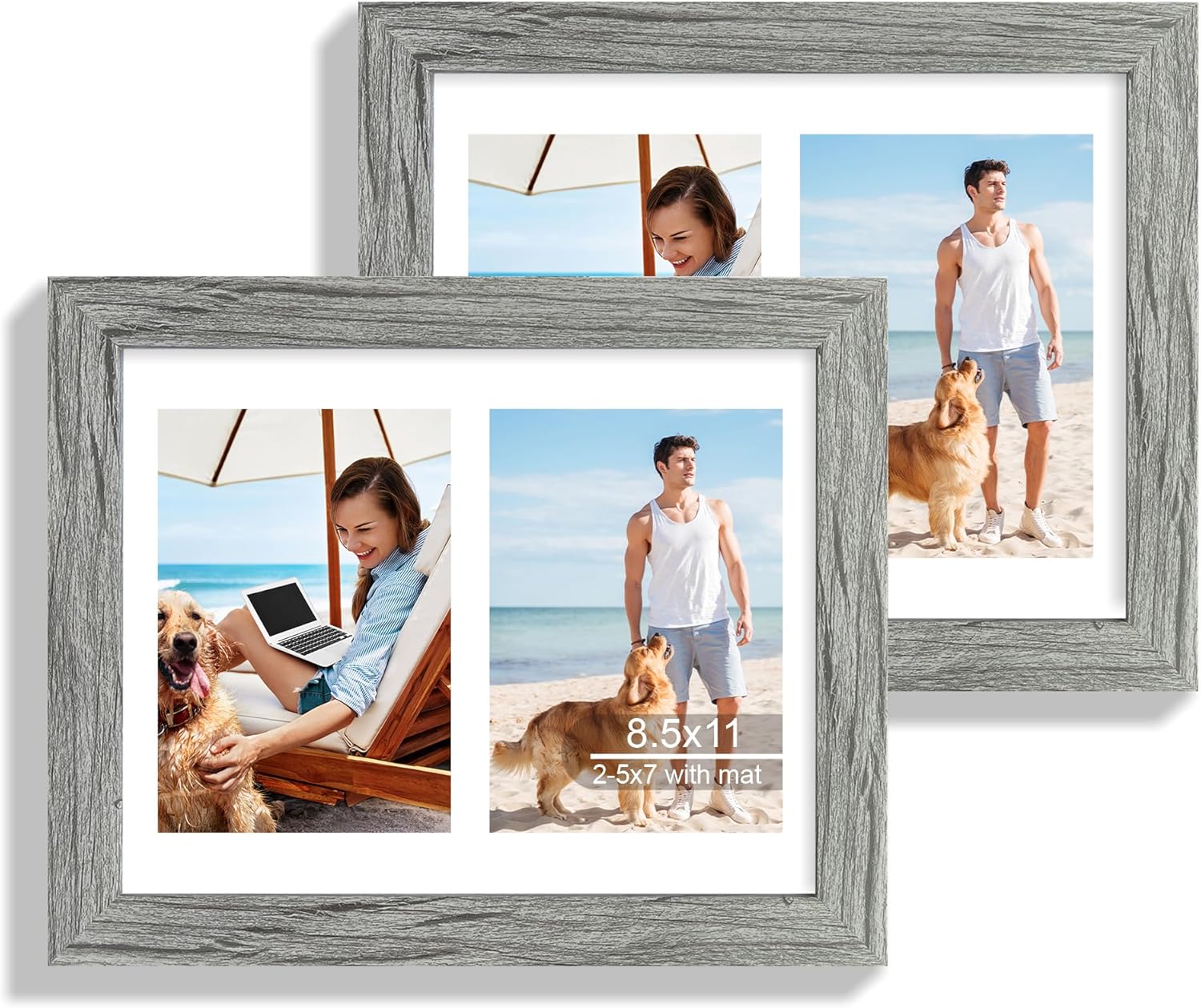 12x22 Picture Frame Set of 2, Rustic Brown with Glass Collage Frame, Display Eight Opening 4x6 Photos With Mat or 12 x 22 Newspaper Without Mat - Horizontal or Vertical Wall Mounting