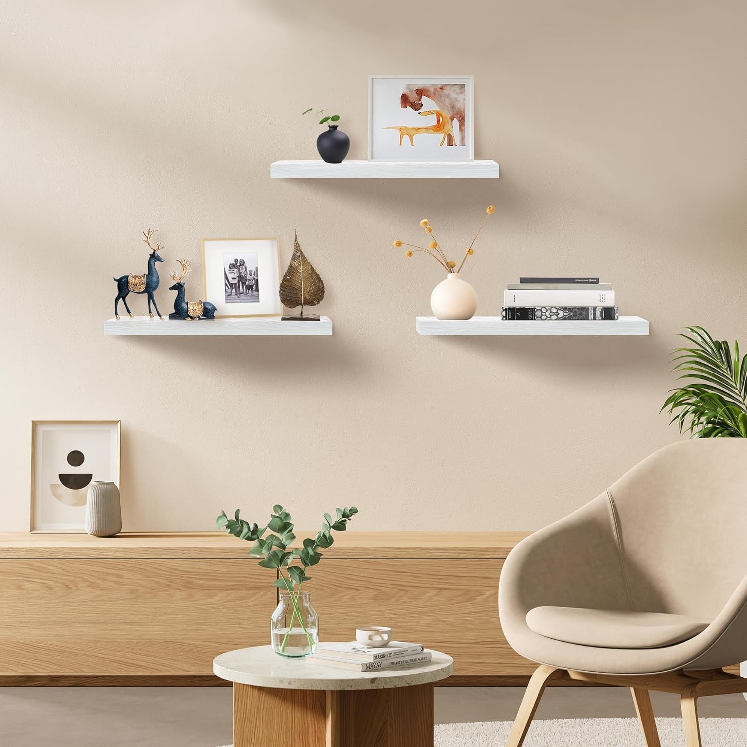 Floating Shelves for Wall Set of 3, 24" White Wall Shelves for Home Decor, Frame Display White Floating Shelf for Living Room, Bedroom, Bathroom, Kitchen