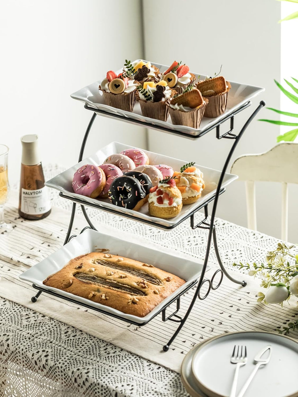 YHOSSEUN Large Tiered Tray Stand, 3 Tier Serving Tray Porcelain Baking Set with Serving Stand 3 Tier Buffet Server for Fruit, Dessert, Food Display Stand for Party, Thanksgiving