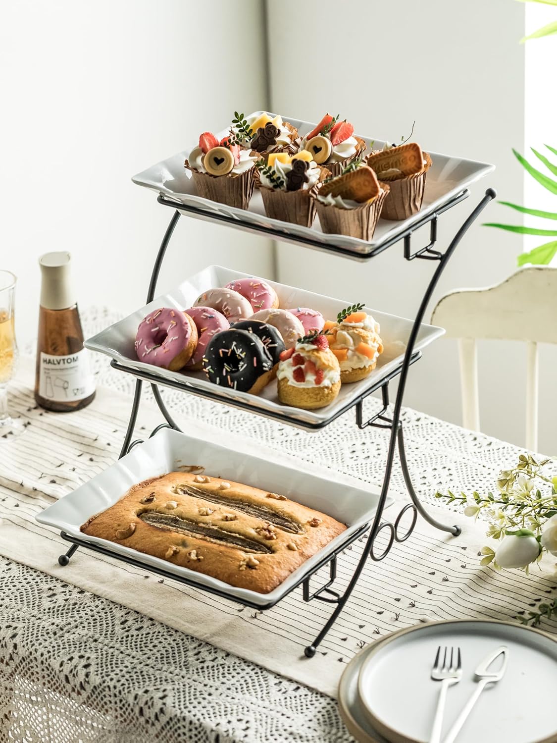 YHOSSEUN Large Tiered Tray Stand, 3 Tier Serving Tray Porcelain Baking Set with Serving Stand 3 Tier Buffet Server for Fruit, Dessert, Food Display Stand for Party, Thanksgiving