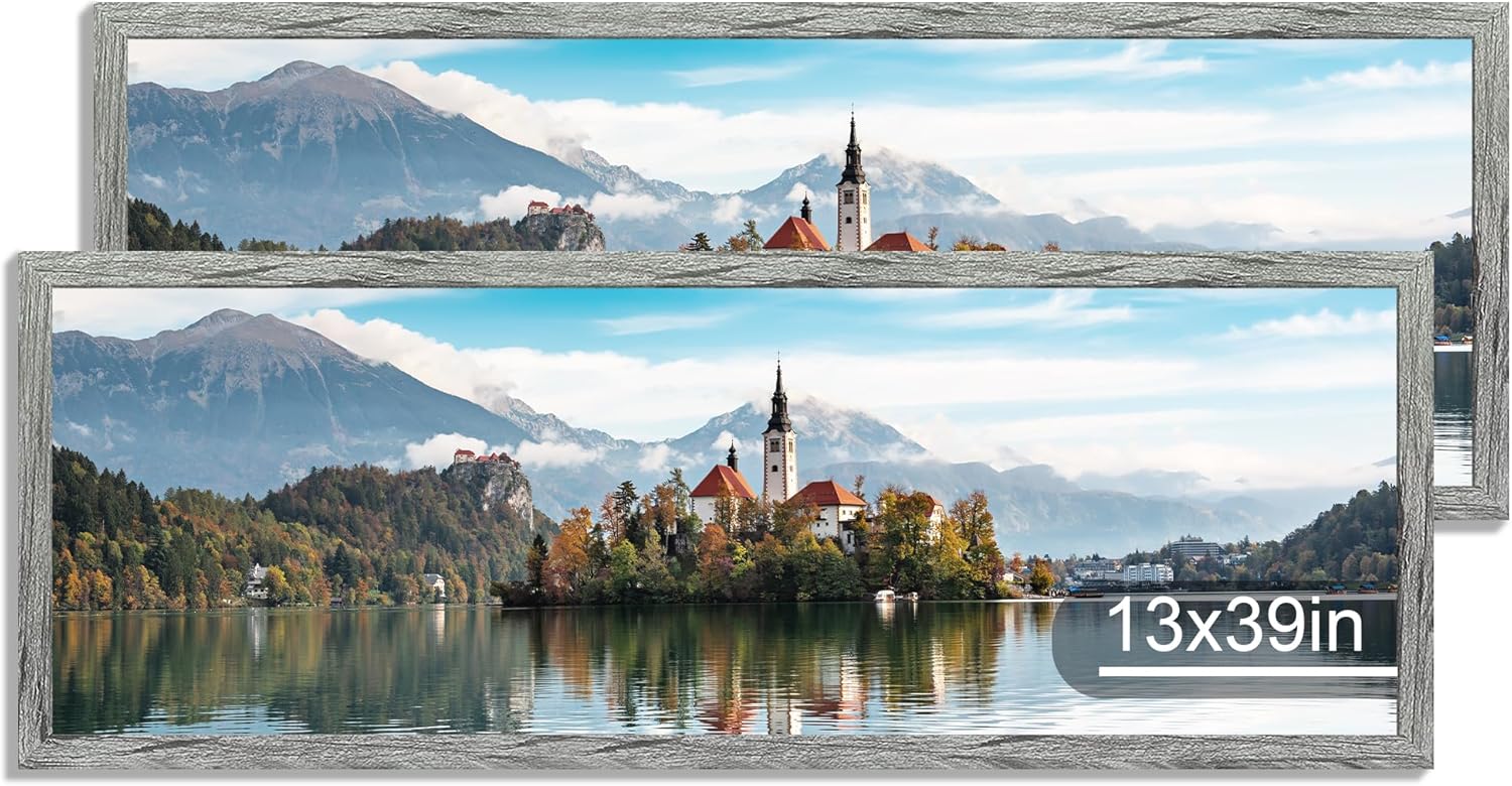 12x22 Picture Frame Set of 2, Rustic Brown with Glass Collage Frame, Display Eight Opening 4x6 Photos With Mat or 12 x 22 Newspaper Without Mat - Horizontal or Vertical Wall Mounting