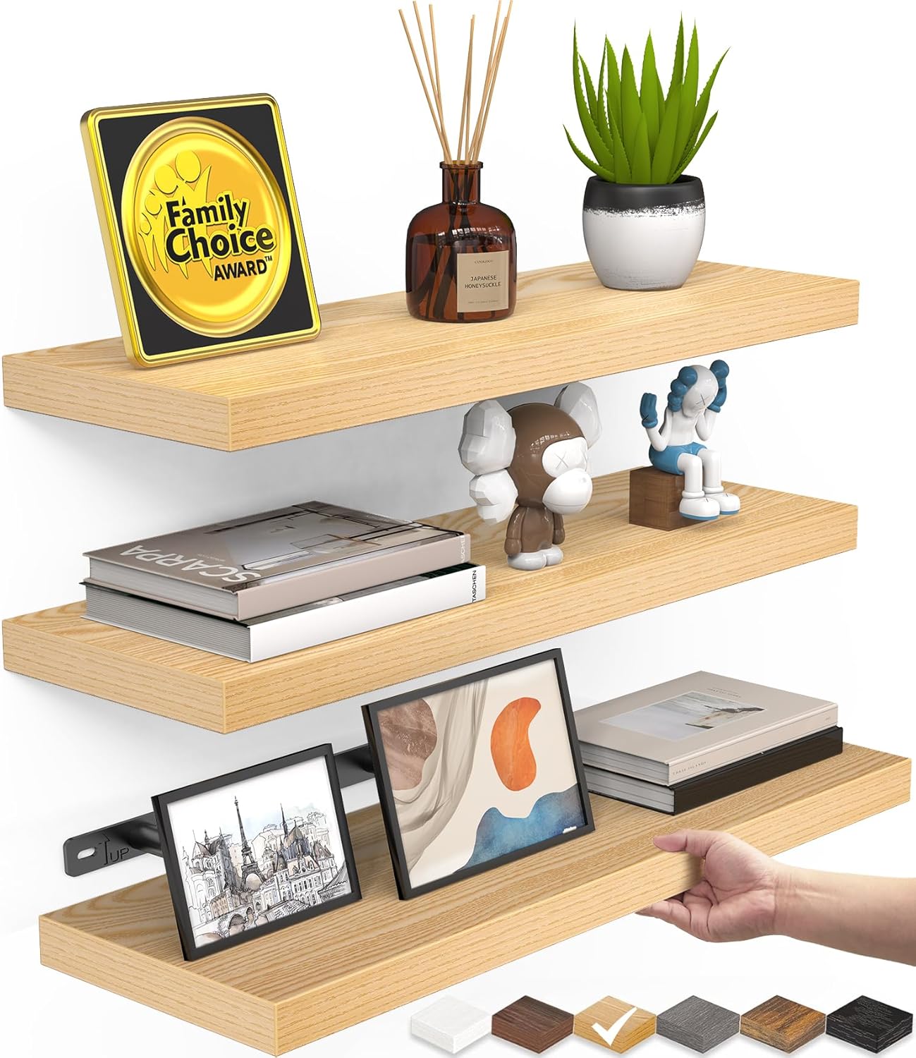 BAYKA Floating Shelves for Wall, 36 inches Long Wall Mounted Rustic Wood Shelves for Bathroom, Bedroom, Living Room, for Book/Storage/Decor with 30lbs Capacity - Black,Set of 3