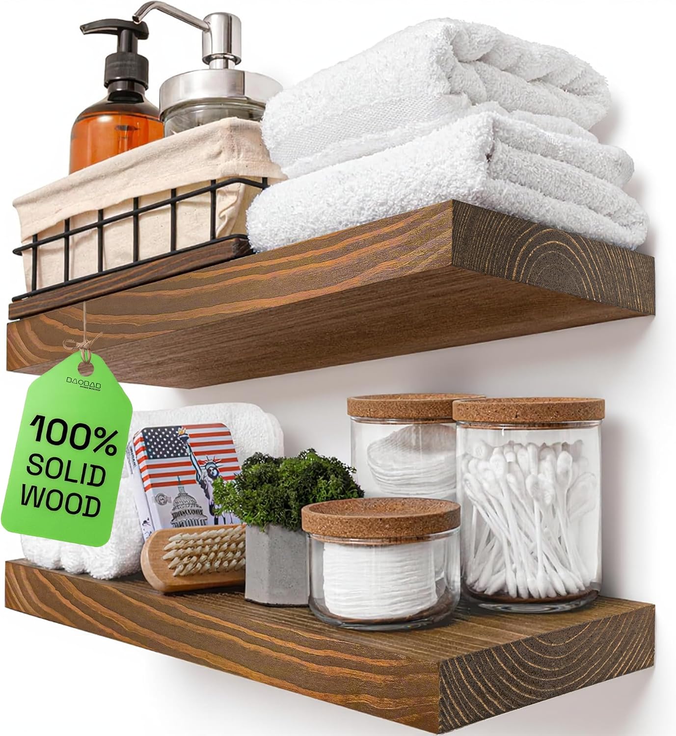 BAOBAB WORKSHOP Wood Floating Shelves Set of 2 - Rustic Shelf 24 inch - Floating Shelf for Wall Mounted - Wide Wooden Wall Shelves for Living Room Bedroom Kitchen Bathroom - Dark Walnut - 24W x 6.7D