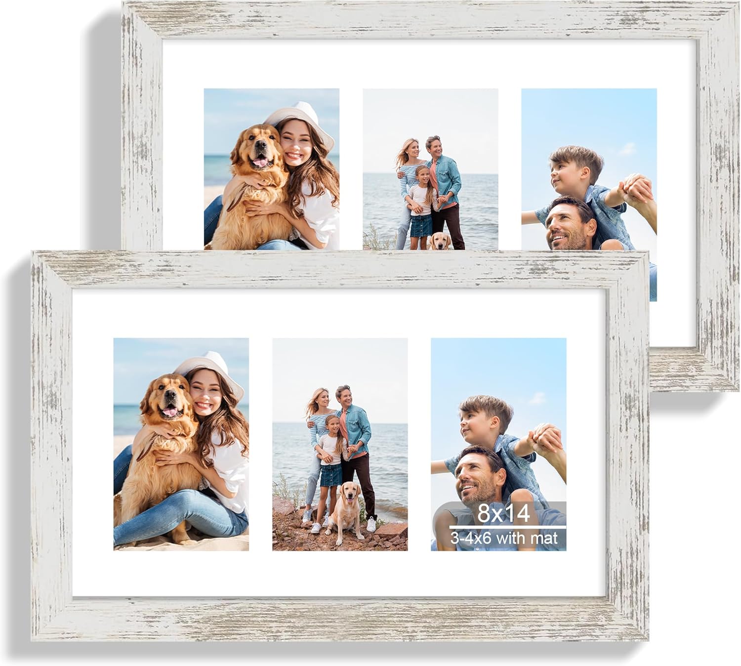 12x22 Picture Frame Set of 2, Rustic Brown with Glass Collage Frame, Display Eight Opening 4x6 Photos With Mat or 12 x 22 Newspaper Without Mat - Horizontal or Vertical Wall Mounting