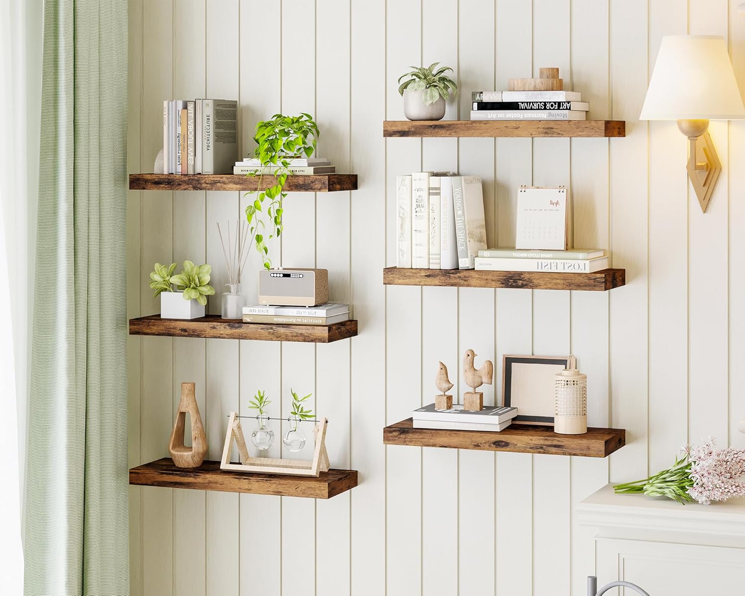 Fixwal 15.8in Floating Shelves, Set of 6 Wood Shelves, Farmhouse Shelf Wall Decor for Bathroom, Bedroom, Living and Kitchen Room (Rustic Brown)