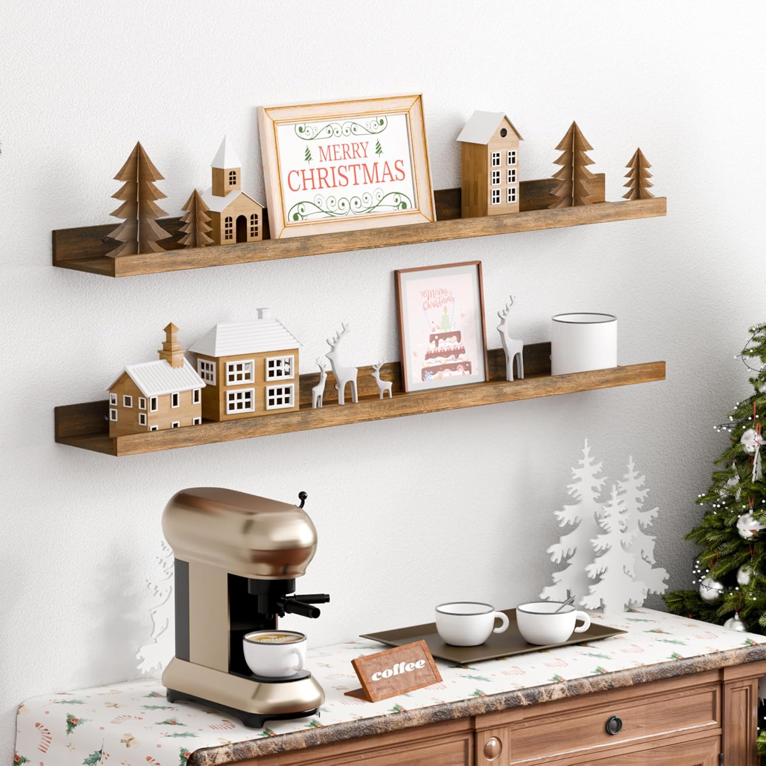 upsimples Floating Shelves for Wall, 35.5 Inch Shelves for Decor Storage Set of 6, Wall Mounted Wood Shelf for Bedroom, Living Room, Bathroom, Kitchen, Long Picture Ledge Shelves, Brown