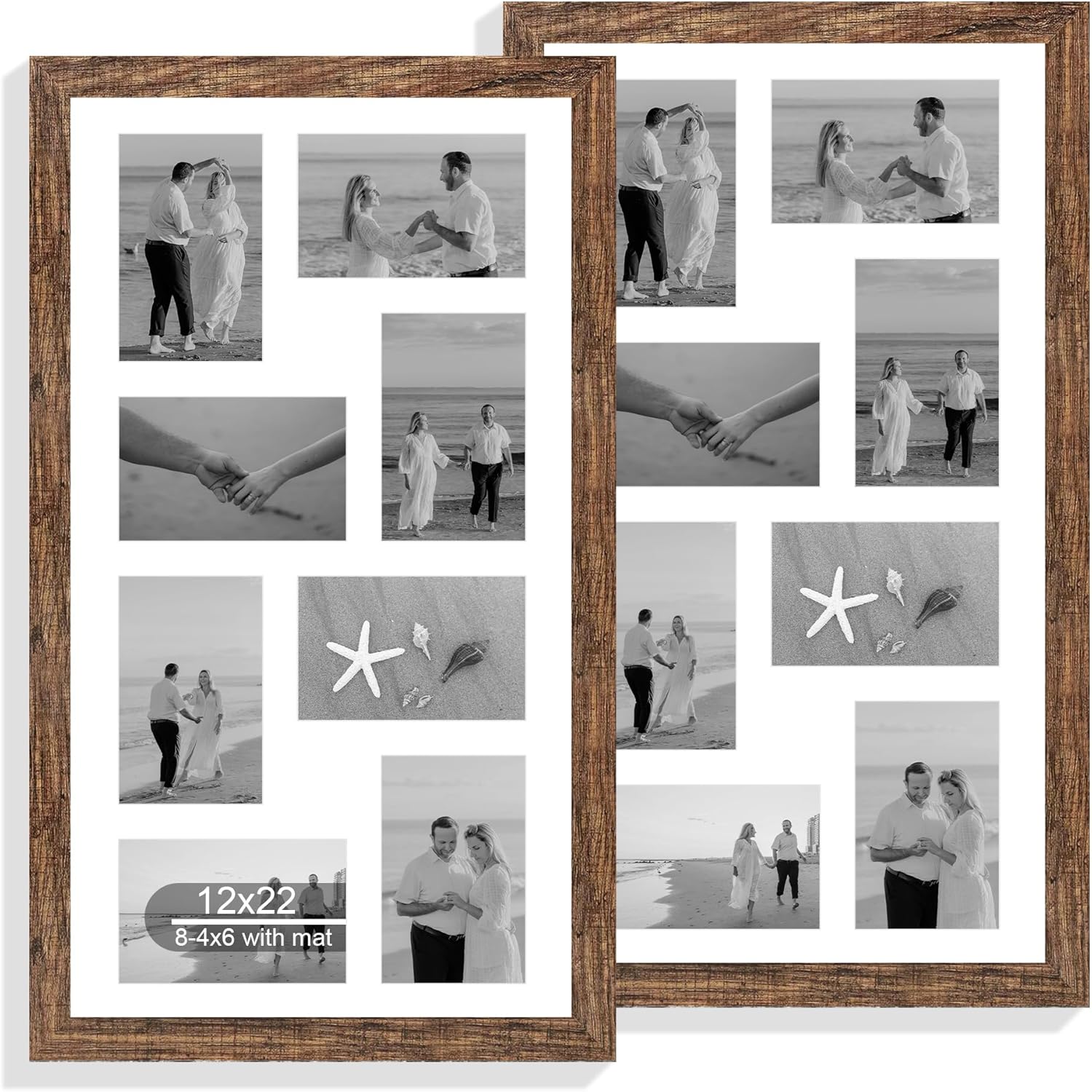 12x22 Picture Frame Set of 2, Rustic Brown with Glass Collage Frame, Display Eight Opening 4x6 Photos With Mat or 12 x 22 Newspaper Without Mat - Horizontal or Vertical Wall Mounting