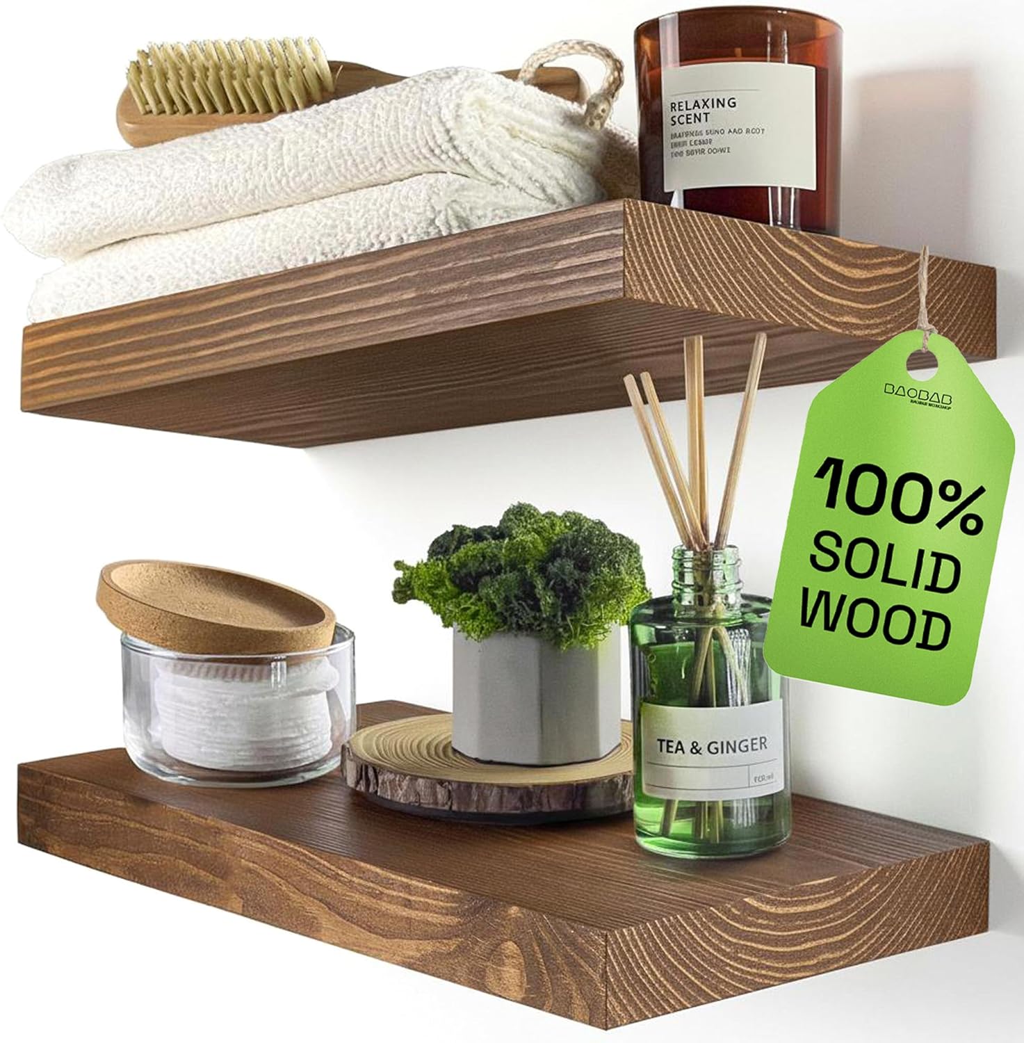 BAOBAB WORKSHOP Wood Floating Shelves Set of 2 - Rustic Shelf 24 inch - Floating Shelf for Wall Mounted - Wide Wooden Wall Shelves for Living Room Bedroom Kitchen Bathroom - Dark Walnut - 24W x 6.7D