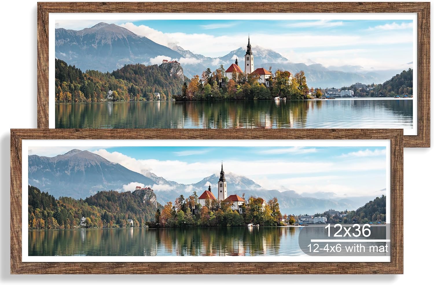 12x22 Picture Frame Set of 2, Rustic Brown with Glass Collage Frame, Display Eight Opening 4x6 Photos With Mat or 12 x 22 Newspaper Without Mat - Horizontal or Vertical Wall Mounting