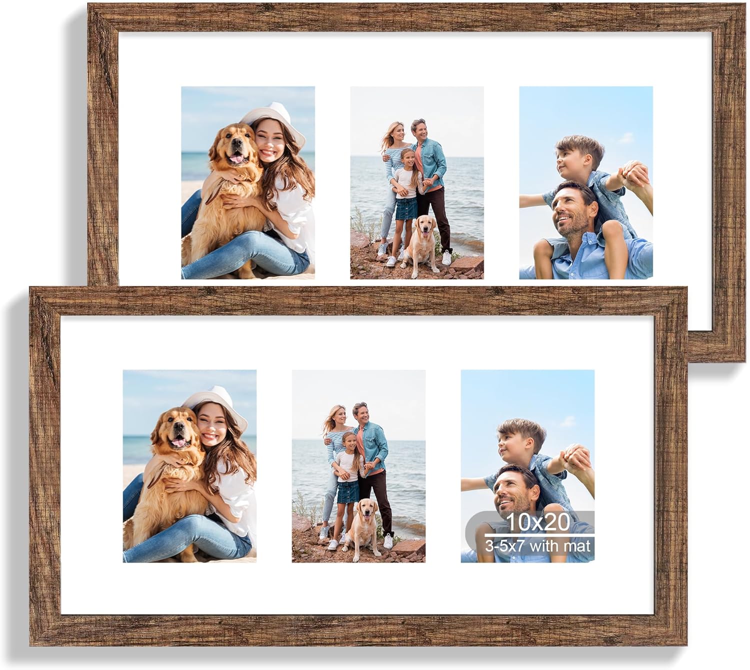 12x22 Picture Frame Set of 2, Rustic Brown with Glass Collage Frame, Display Eight Opening 4x6 Photos With Mat or 12 x 22 Newspaper Without Mat - Horizontal or Vertical Wall Mounting