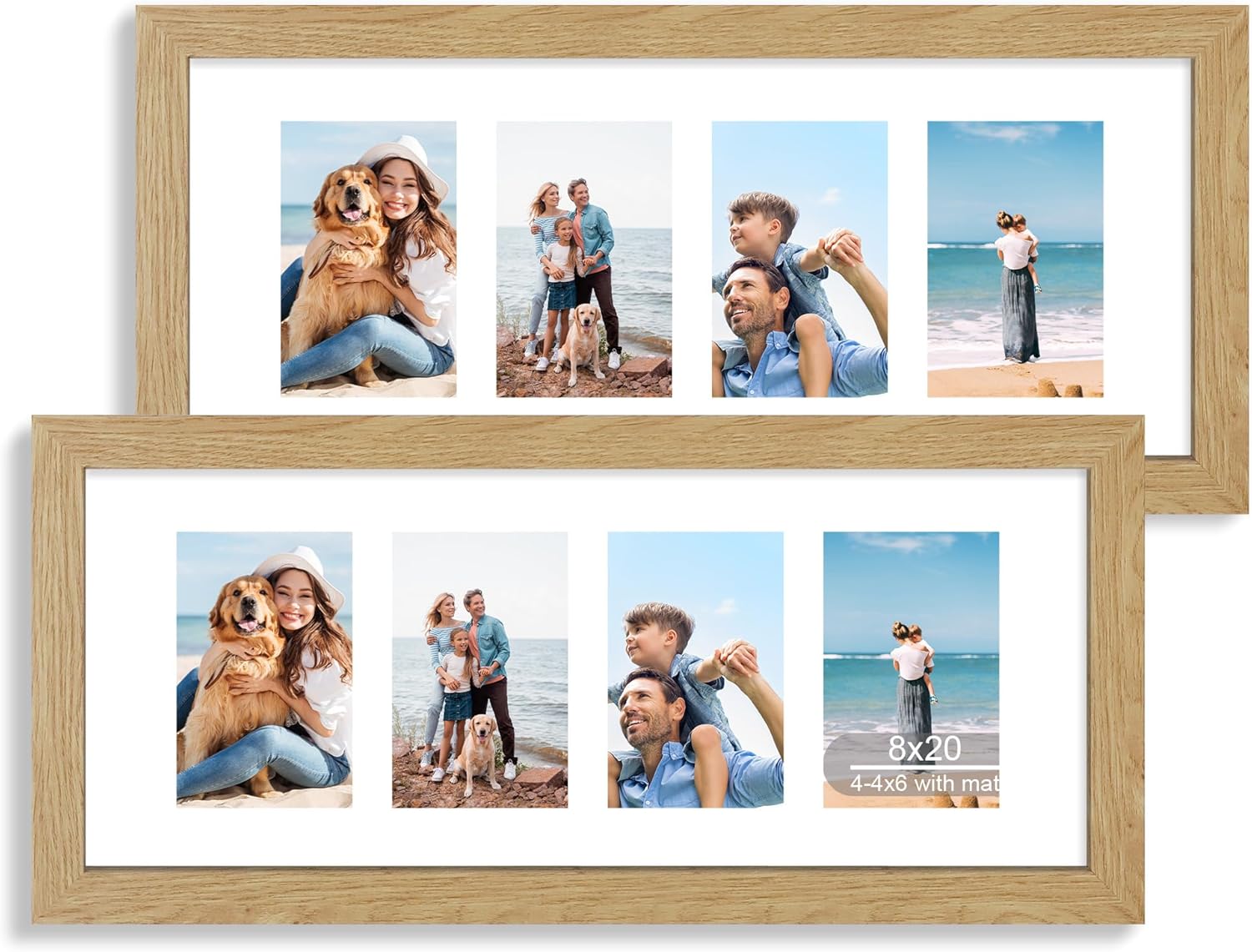 12x22 Picture Frame Set of 2, Rustic Brown with Glass Collage Frame, Display Eight Opening 4x6 Photos With Mat or 12 x 22 Newspaper Without Mat - Horizontal or Vertical Wall Mounting