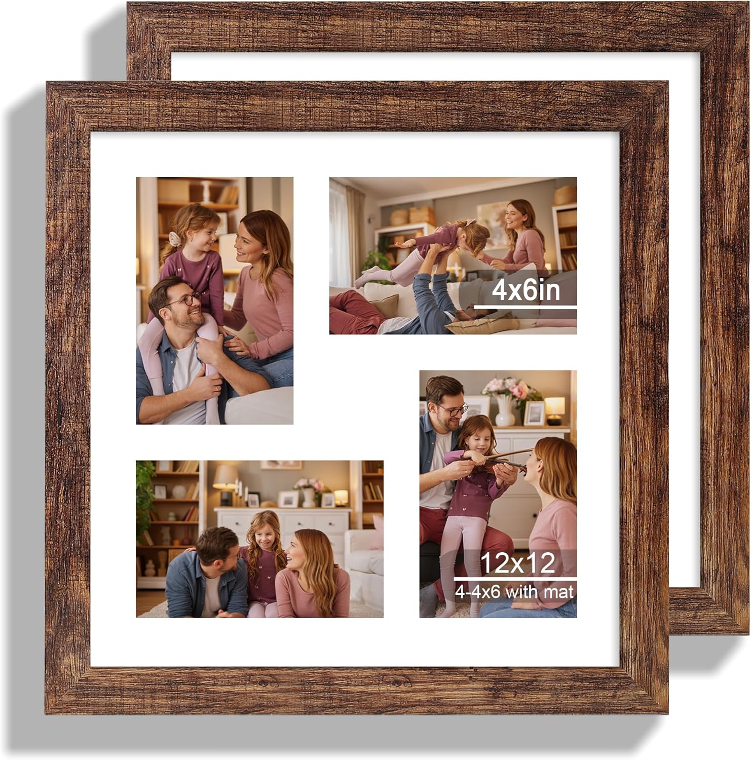 12x22 Picture Frame Set of 2, Rustic Brown with Glass Collage Frame, Display Eight Opening 4x6 Photos With Mat or 12 x 22 Newspaper Without Mat - Horizontal or Vertical Wall Mounting