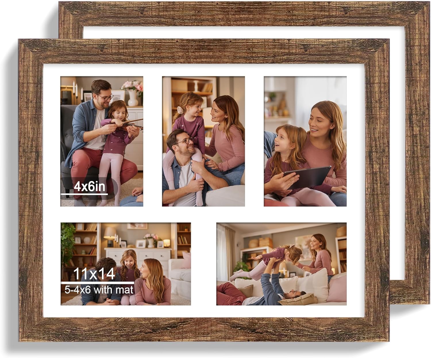 12x22 Picture Frame Set of 2, Rustic Brown with Glass Collage Frame, Display Eight Opening 4x6 Photos With Mat or 12 x 22 Newspaper Without Mat - Horizontal or Vertical Wall Mounting