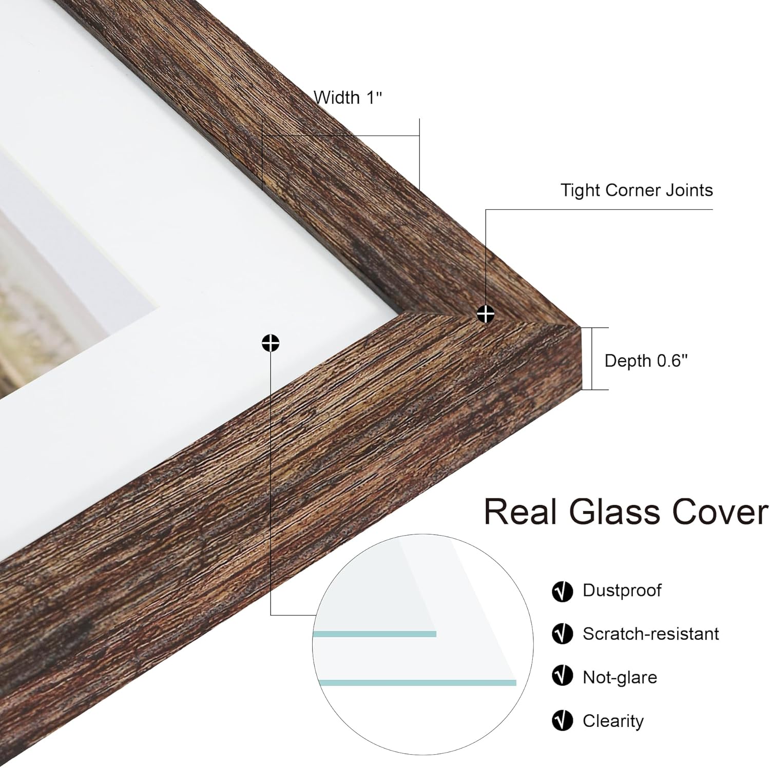 12x22 Picture Frame Set of 2, Rustic Brown with Glass Collage Frame, Display Eight Opening 4x6 Photos With Mat or 12 x 22 Newspaper Without Mat - Horizontal or Vertical Wall Mounting