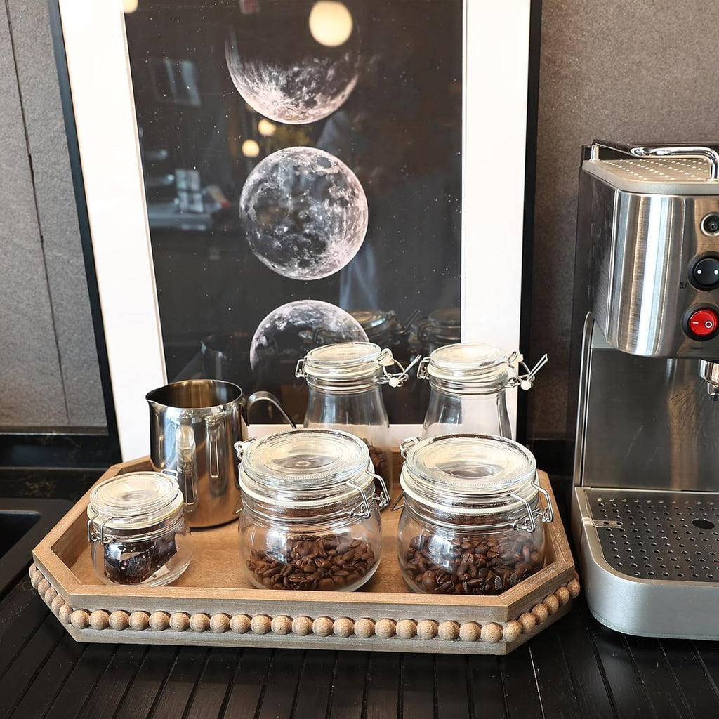 Wood Rustic Serving Tray with Beads, Farmhouse Brown Decorative Tray for Table Centerpiece, Christmas Wedding Halloween Home Decor