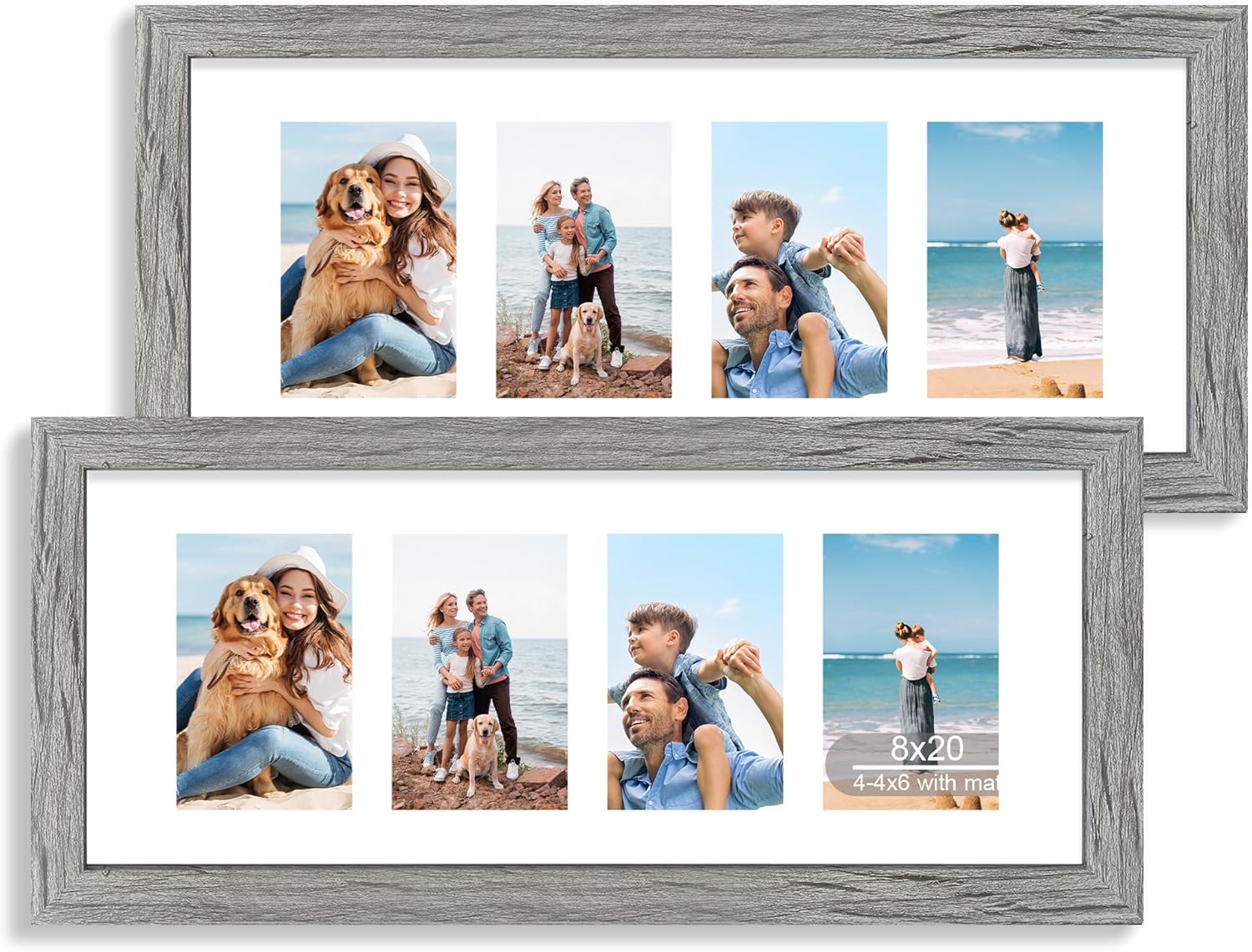 12x22 Picture Frame Set of 2, Rustic Brown with Glass Collage Frame, Display Eight Opening 4x6 Photos With Mat or 12 x 22 Newspaper Without Mat - Horizontal or Vertical Wall Mounting