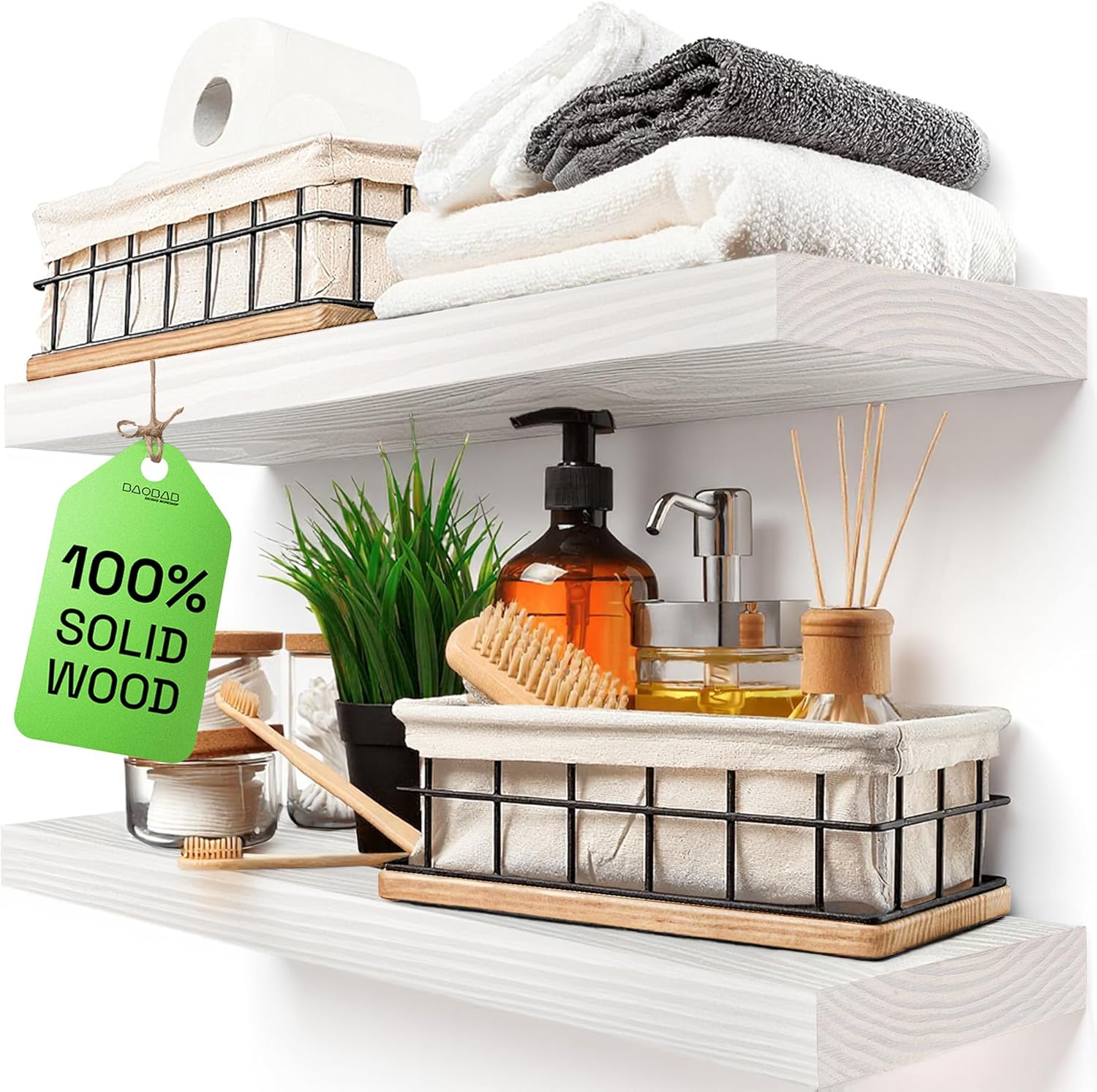 BAOBAB WORKSHOP Wood Floating Shelves Set of 2 - Rustic Shelf 24 inch - Floating Shelf for Wall Mounted - Wide Wooden Wall Shelves for Living Room Bedroom Kitchen Bathroom - Dark Walnut - 24W x 6.7D